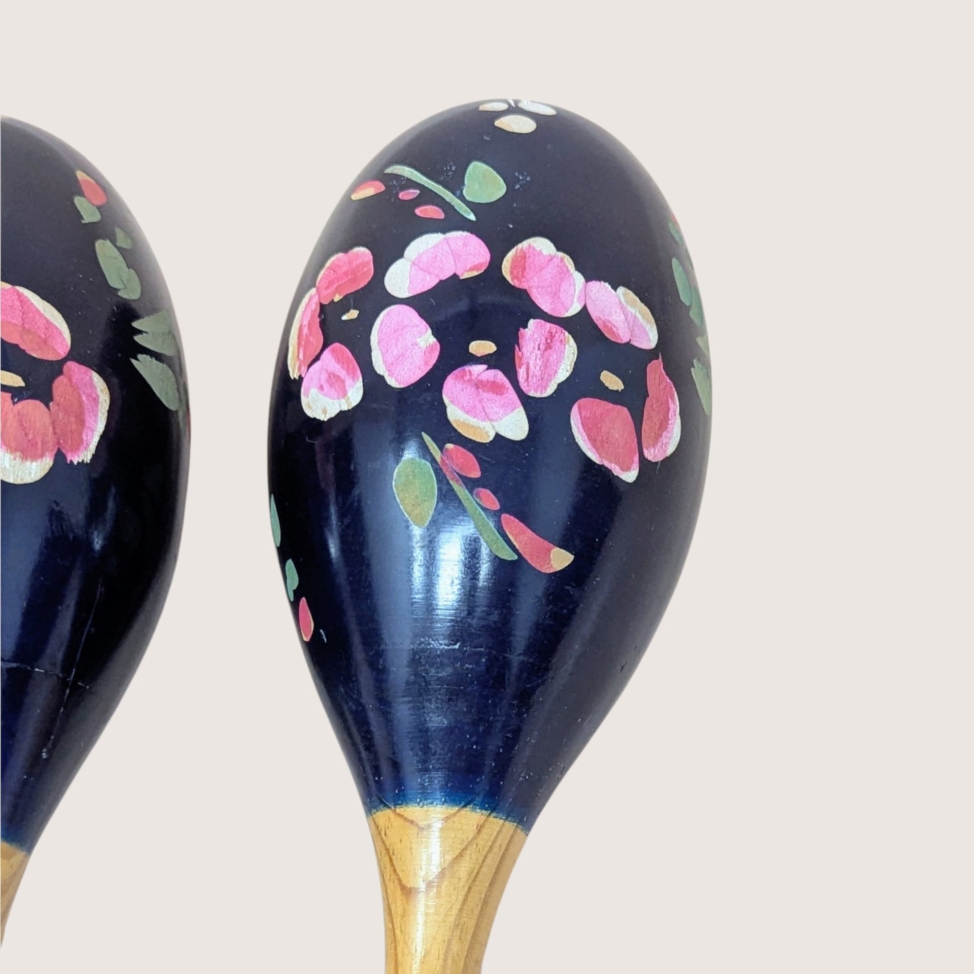 1980s Hand Painted Floral Wooden Maracas Pair