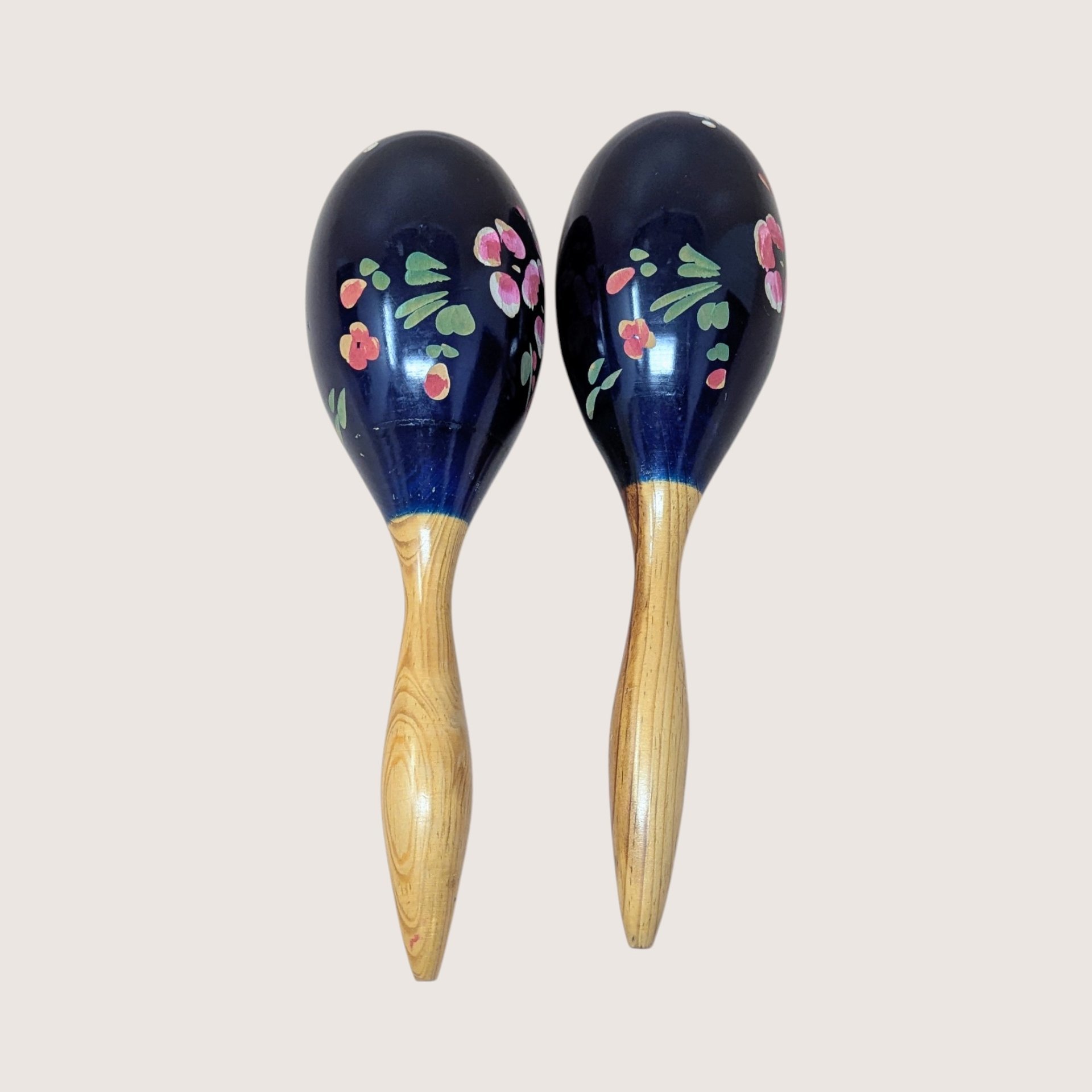 1980s Hand Painted Floral Wooden Maracas Pair