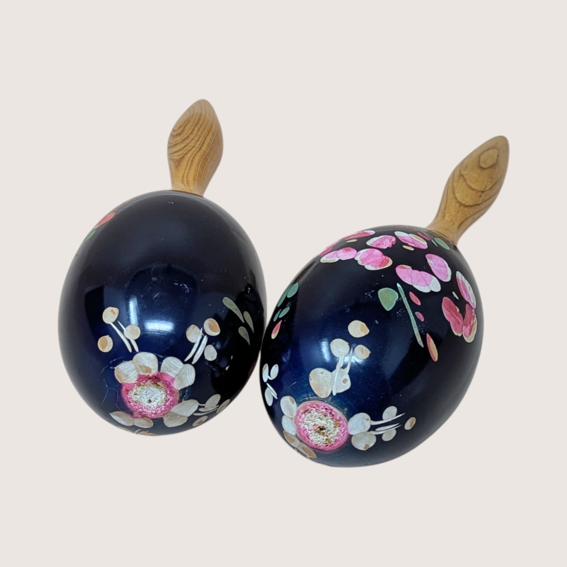 1980s Hand Painted Floral Wooden Maracas Pair