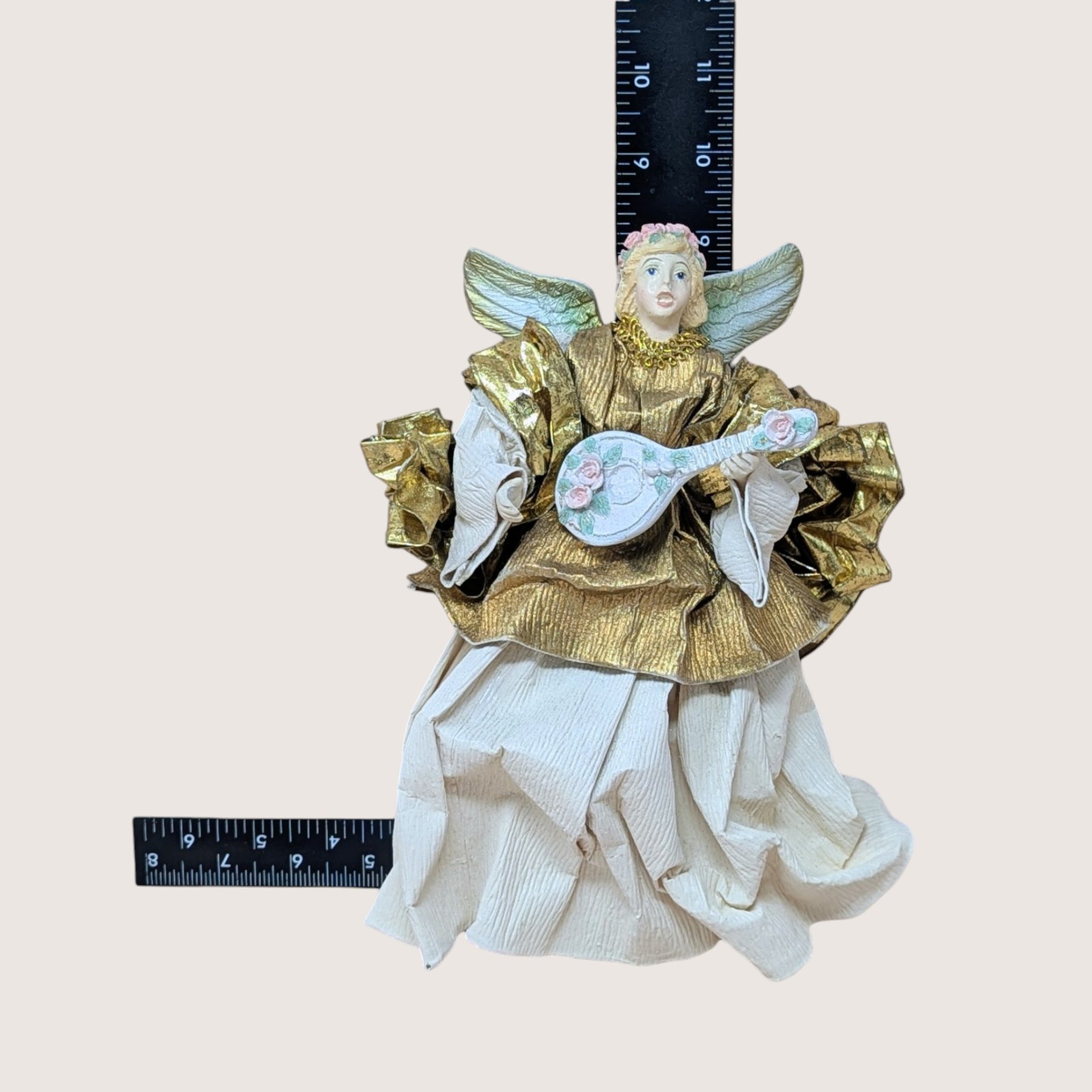 1990s Paper Mache and Metallic Gold Fabric Angel Ornament