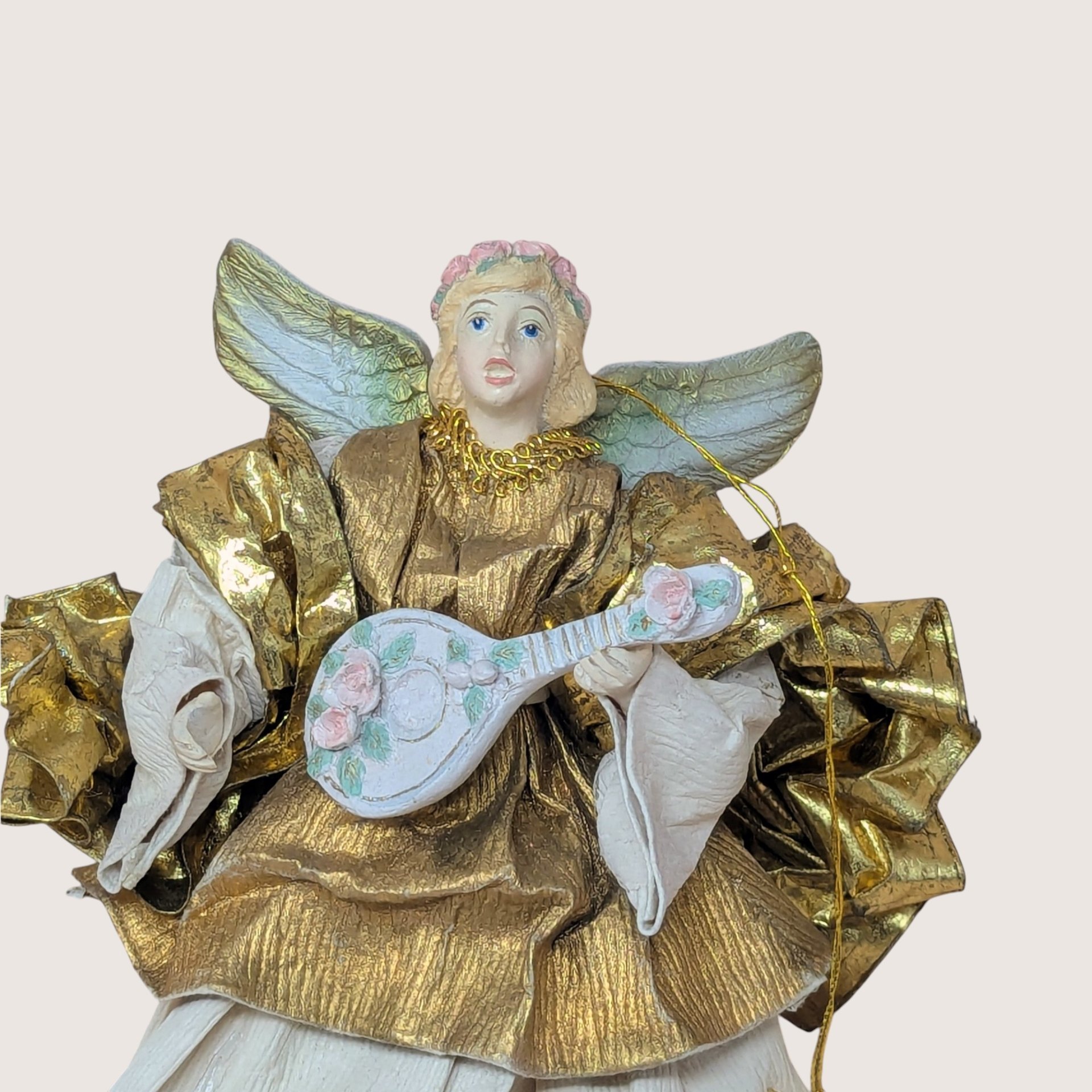 1990s Paper Mache and Metallic Gold Fabric Angel Ornament