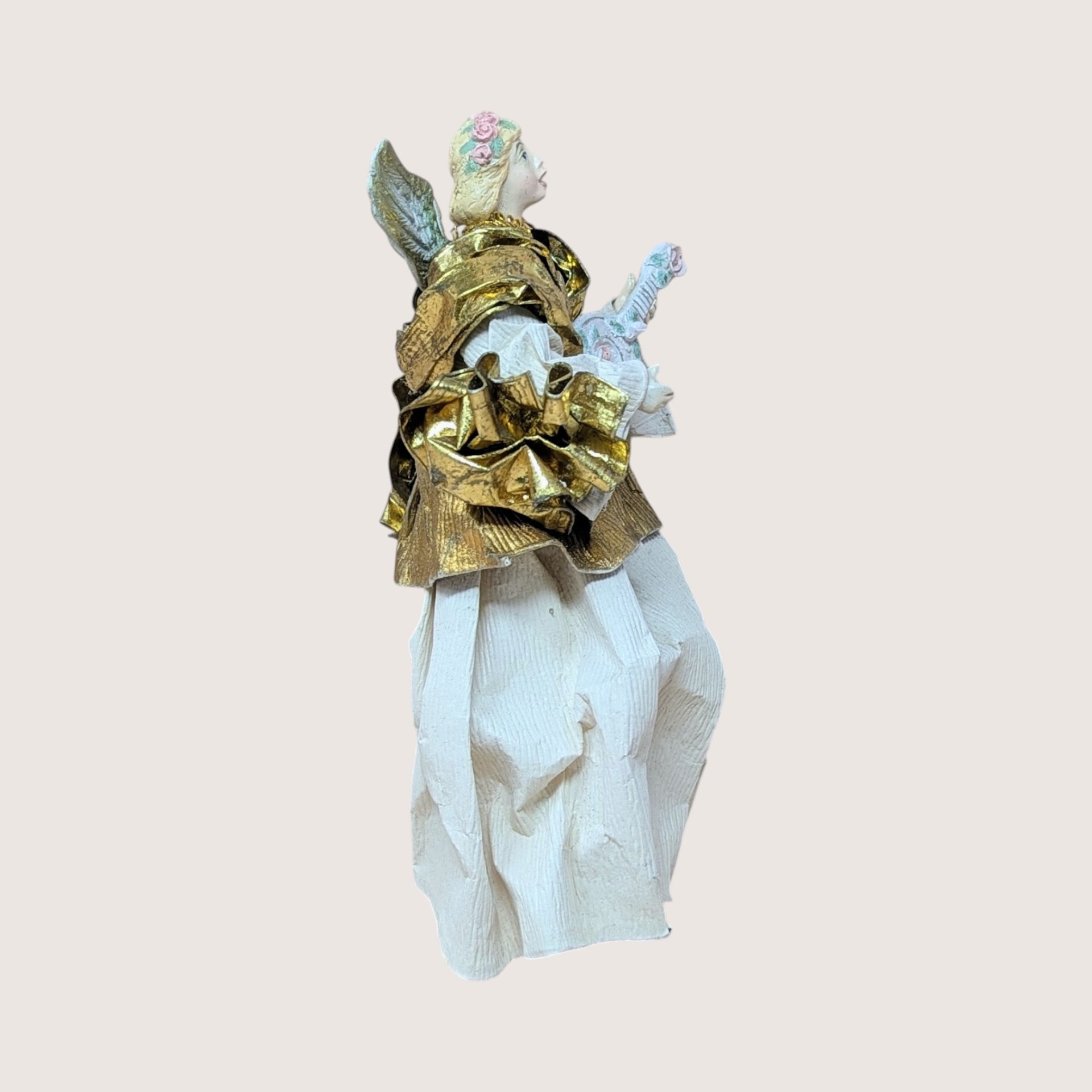 1990s Paper Mache and Metallic Gold Fabric Angel Ornament