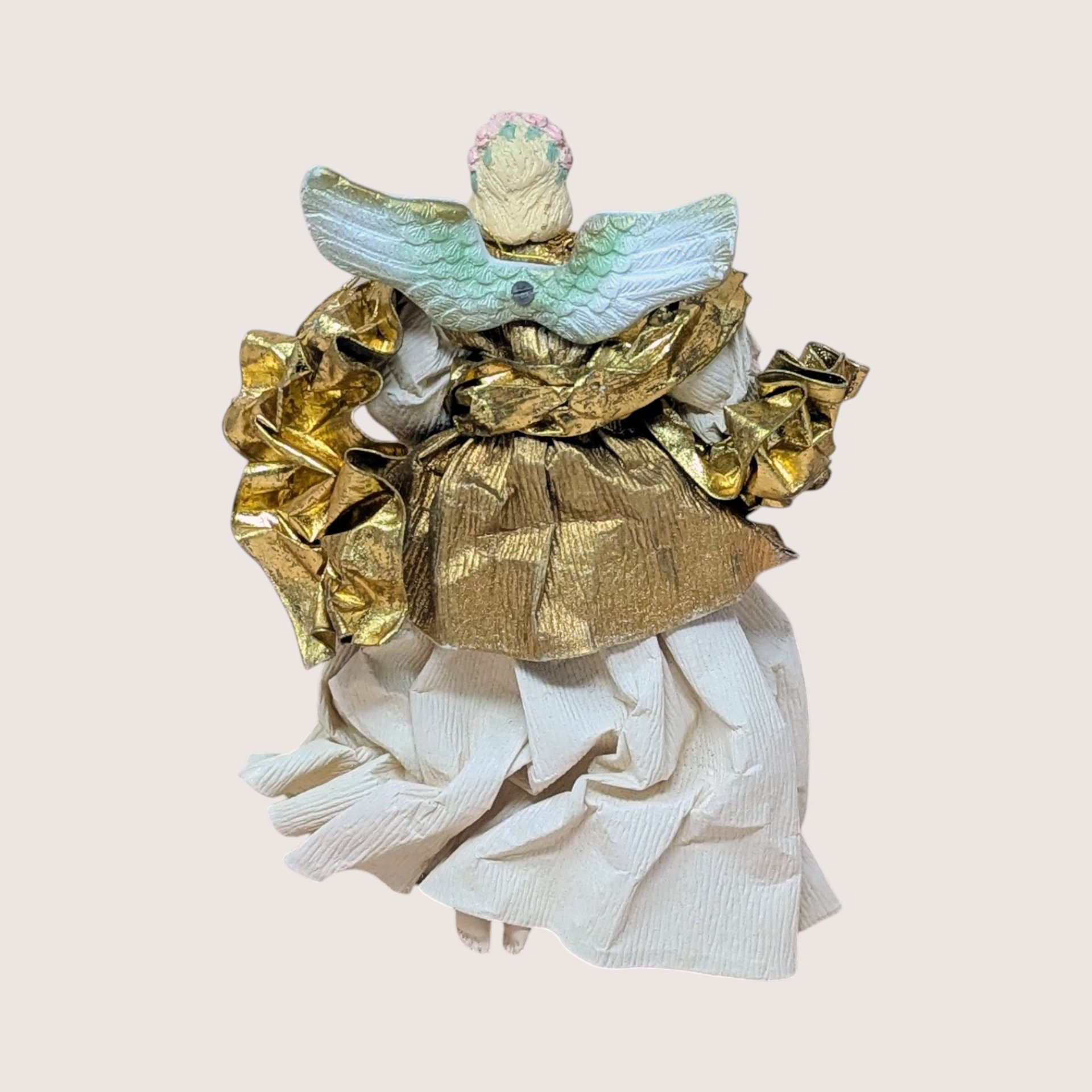 1990s Paper Mache and Metallic Gold Fabric Angel Ornament