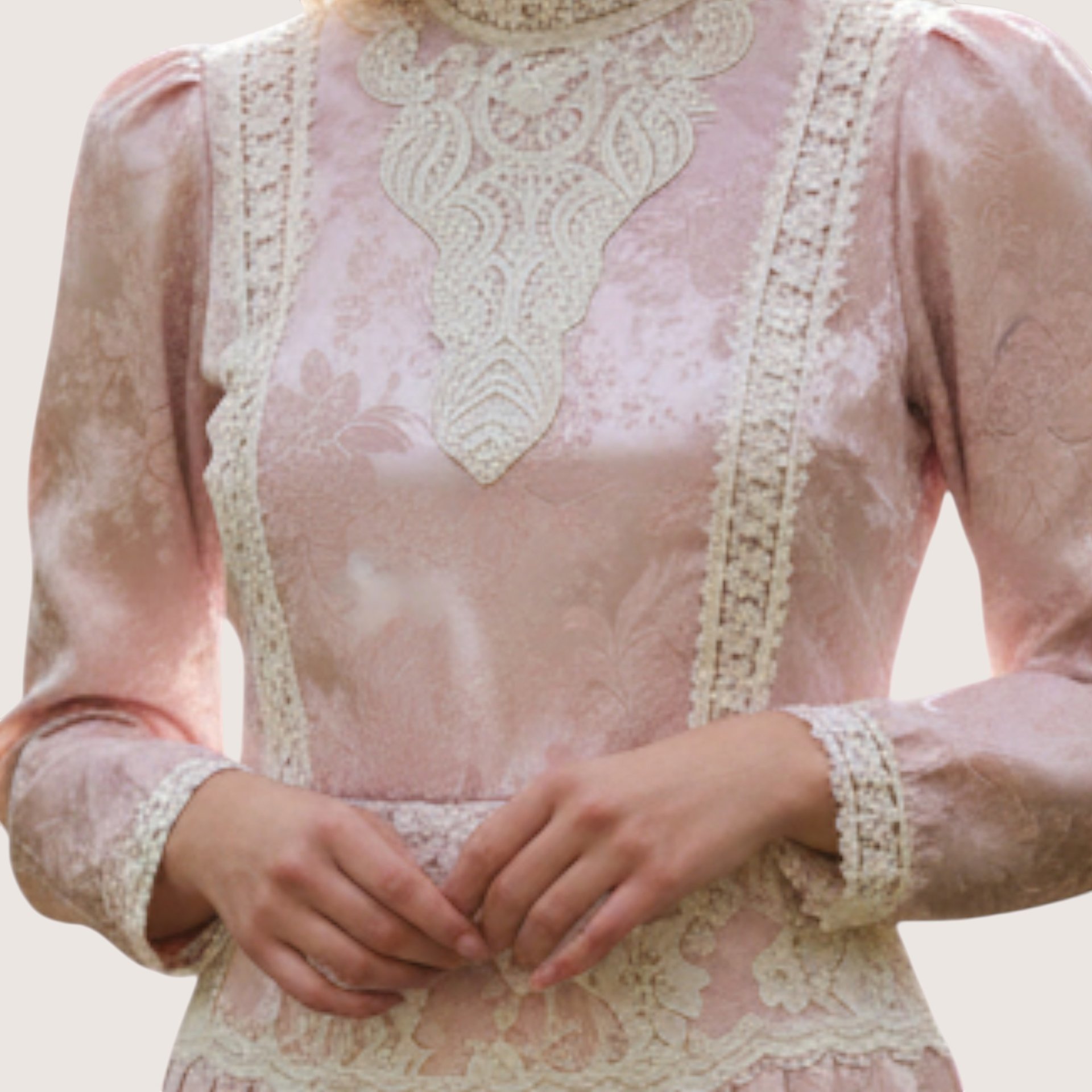 Vintage 1980s light pink satin jacquard Scott McClintock midi dress with white lace collar bib and pleated skirt