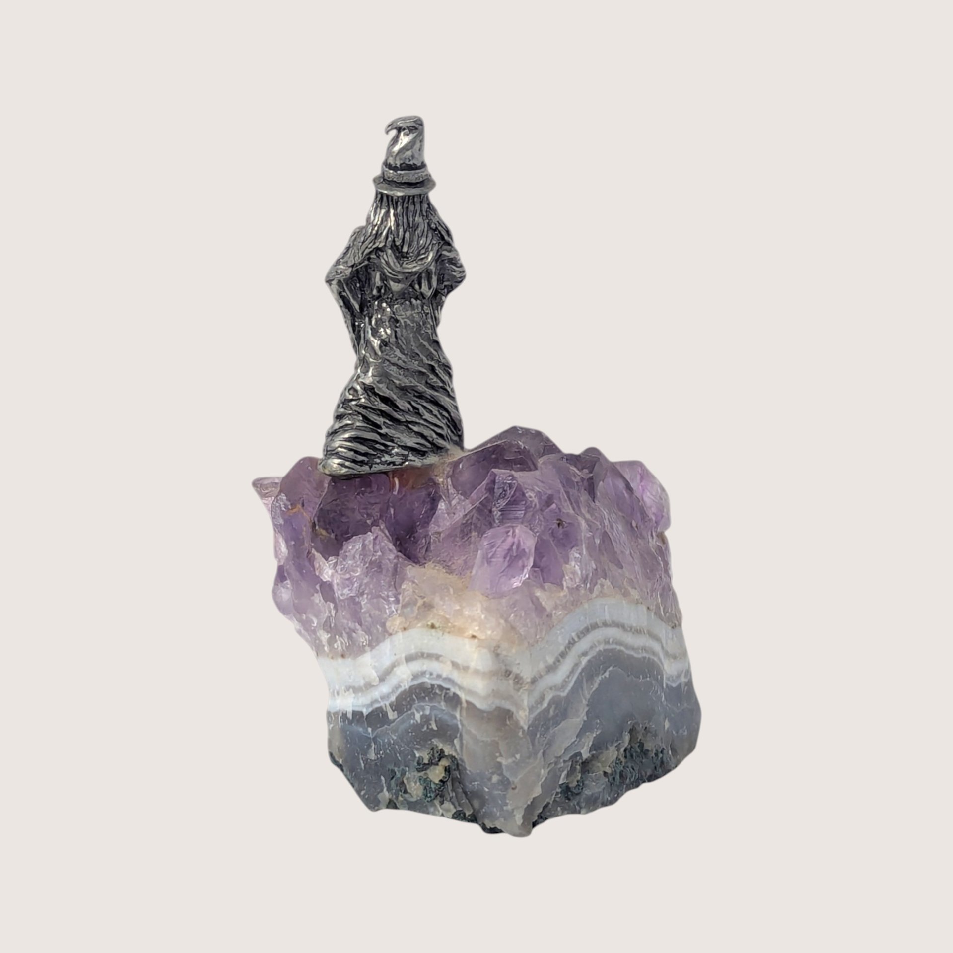 1980s Vintage Pewter Wizard on Amethyst Cluster Base