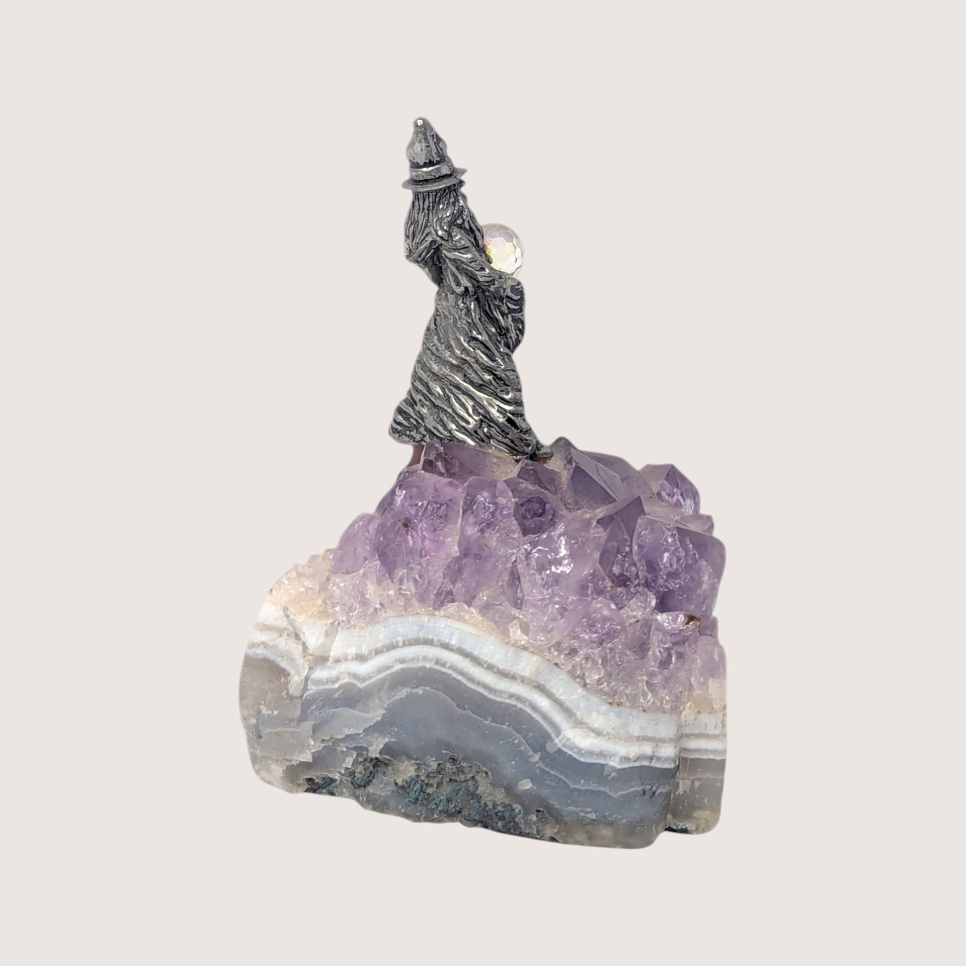 1980s Vintage Pewter Wizard on Amethyst Cluster Base