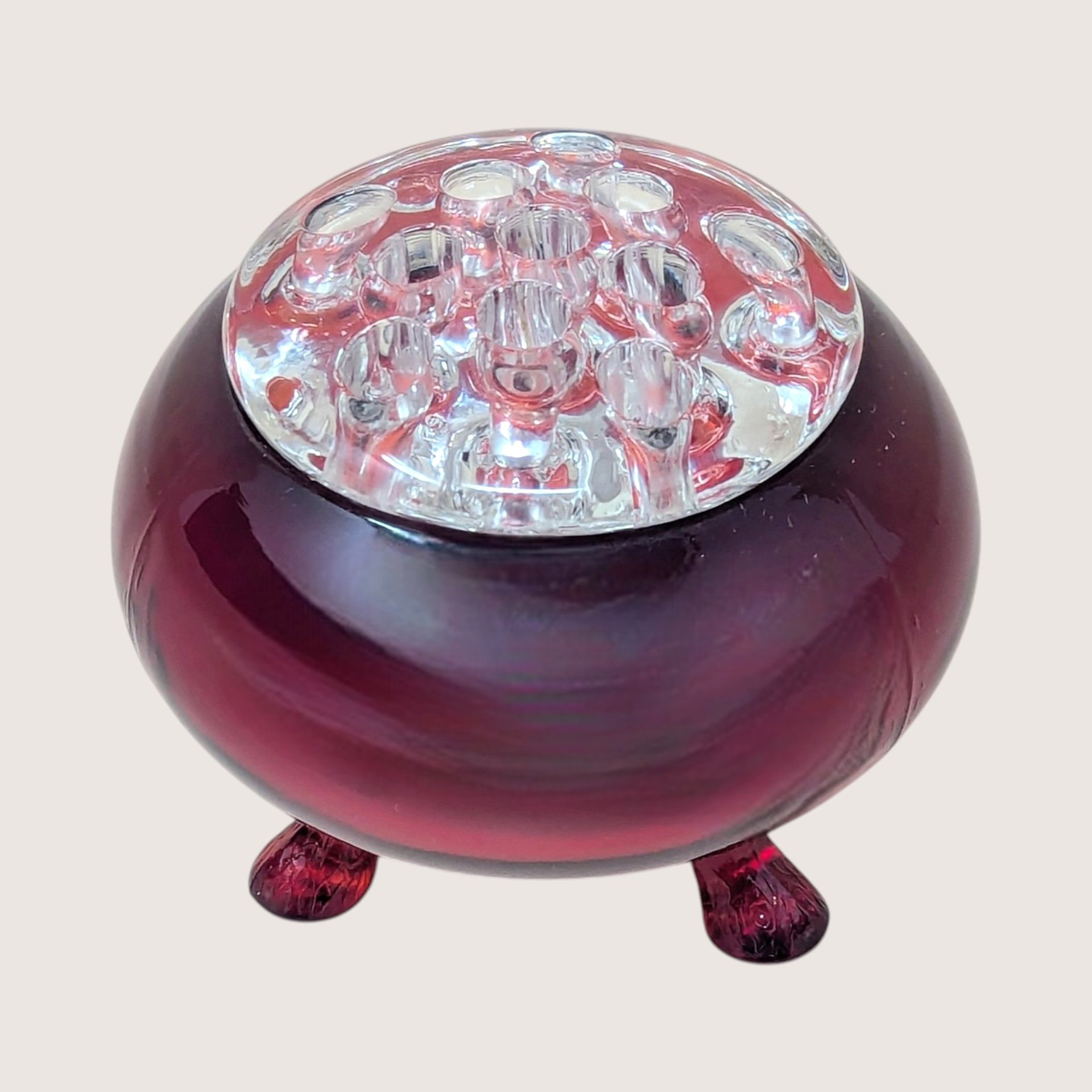 1930s Vintage Ruby Red Flowerite Footed Bowl and Flower Frog