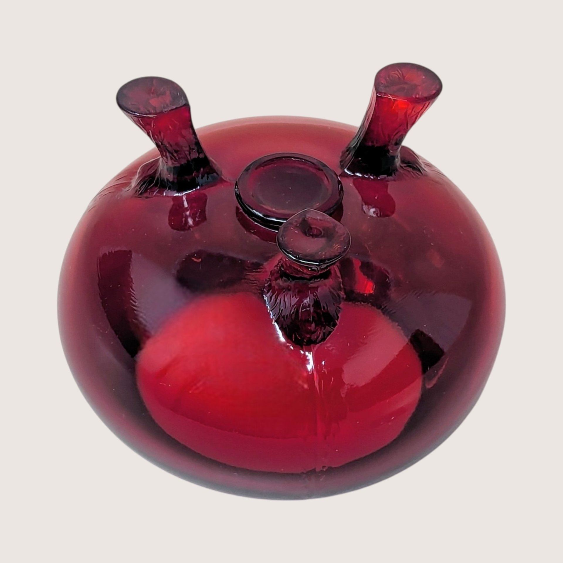 1930s Vintage Ruby Red Flowerite Footed Bowl and Flower Frog