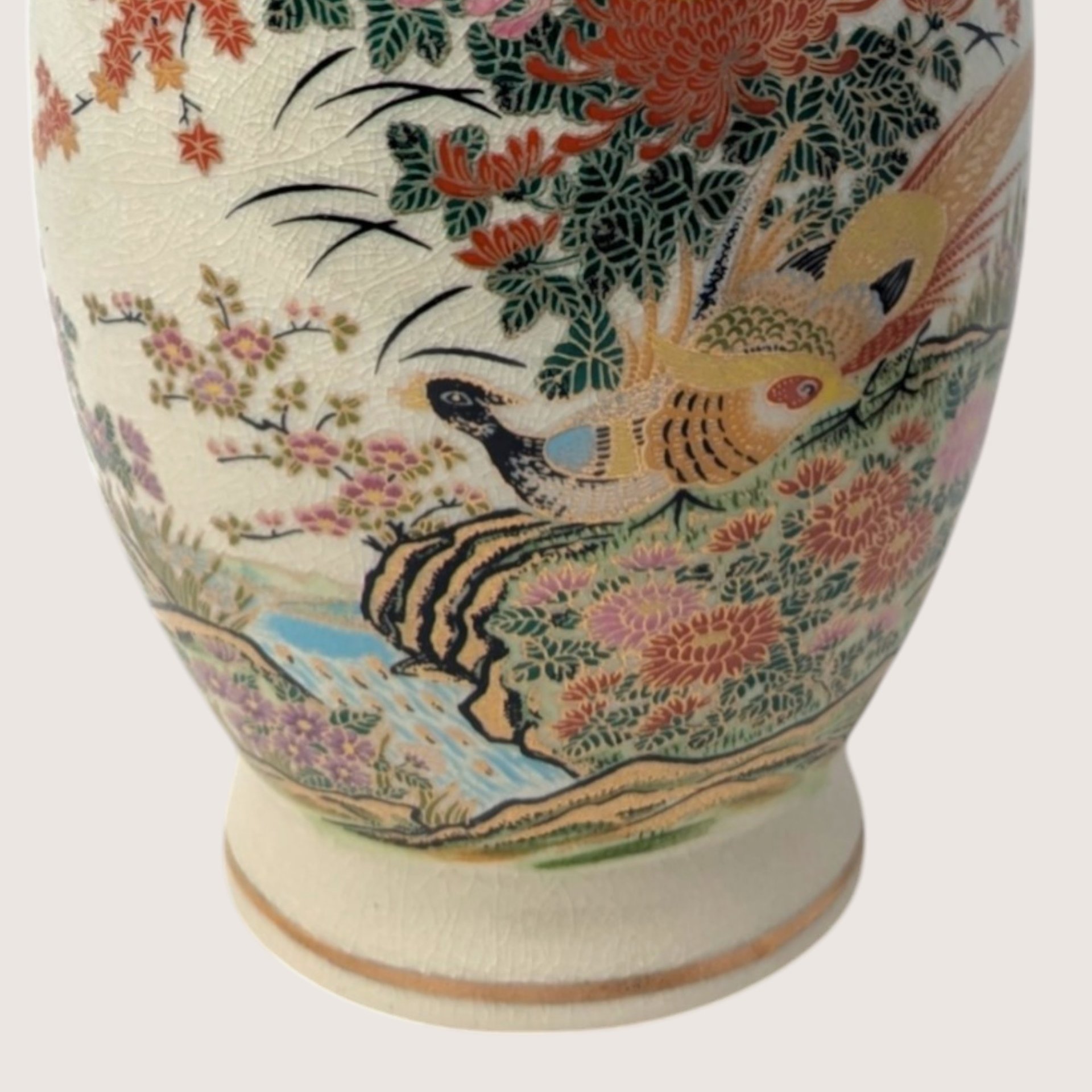 Vintage Japanese Satsuma Pheasant Floral Porcelain Vase