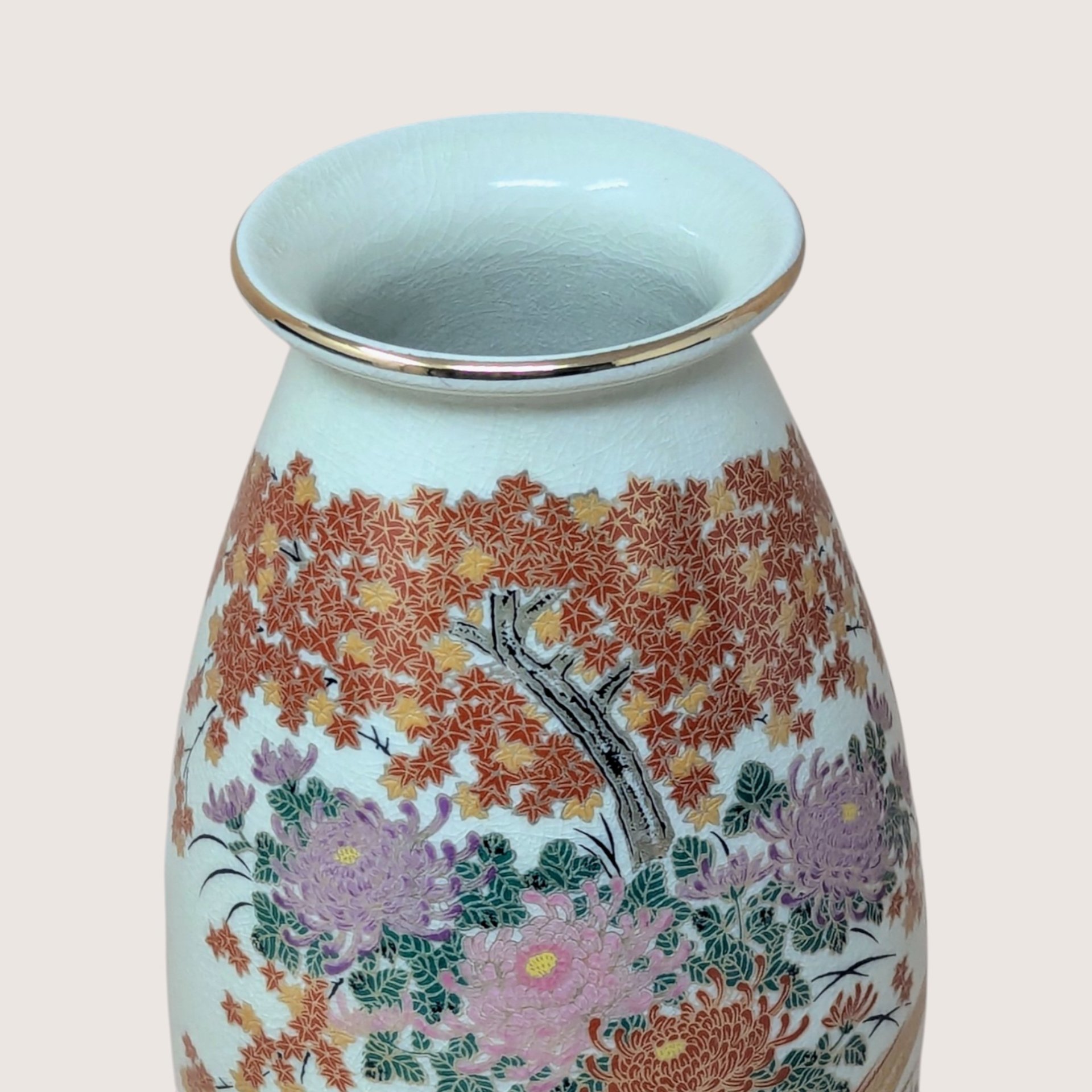 1950s Meito China Japanese Porcelain Satsuma Style Pheasant Floral Vase