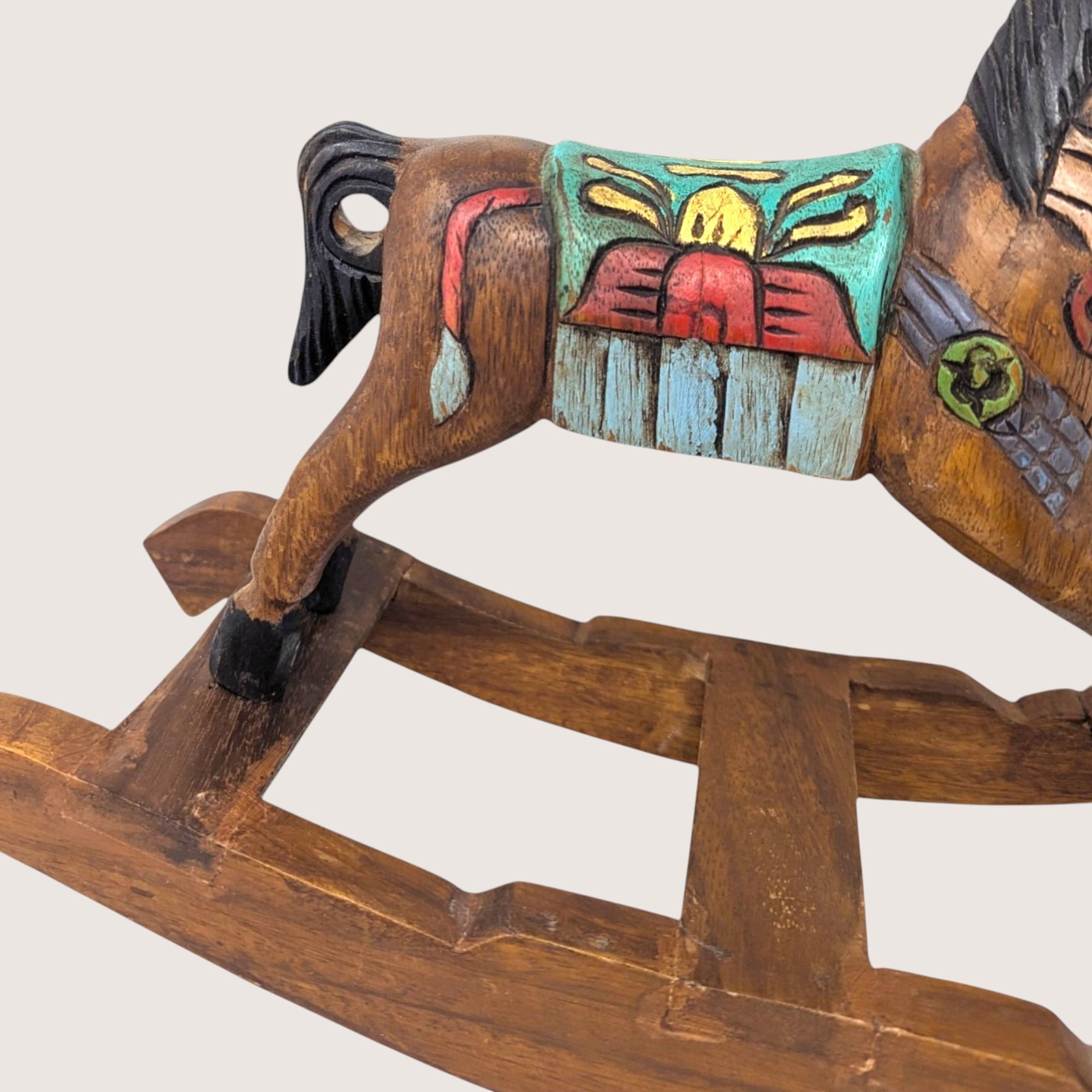 1980s Vintage Handmade Hand Carved Wooden Rocking Horse Figurine