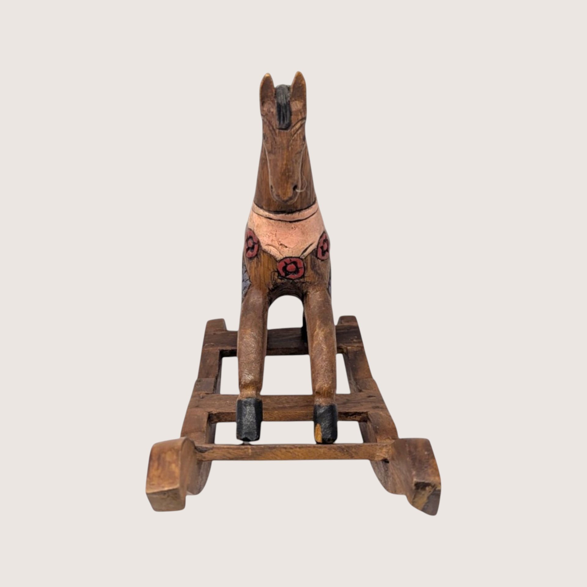1980s Vintage Handmade Hand Carved Wooden Rocking Horse Figurine