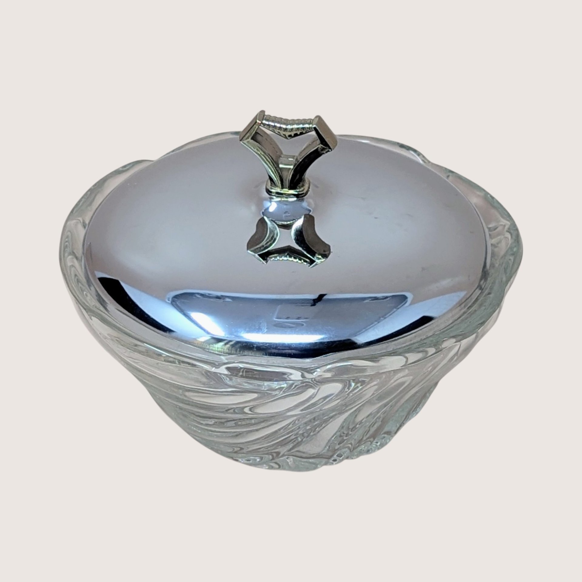 1940s Vintage Art Deco Clear Swirl Glass Vanity Dresser Jar with Chrome Lid