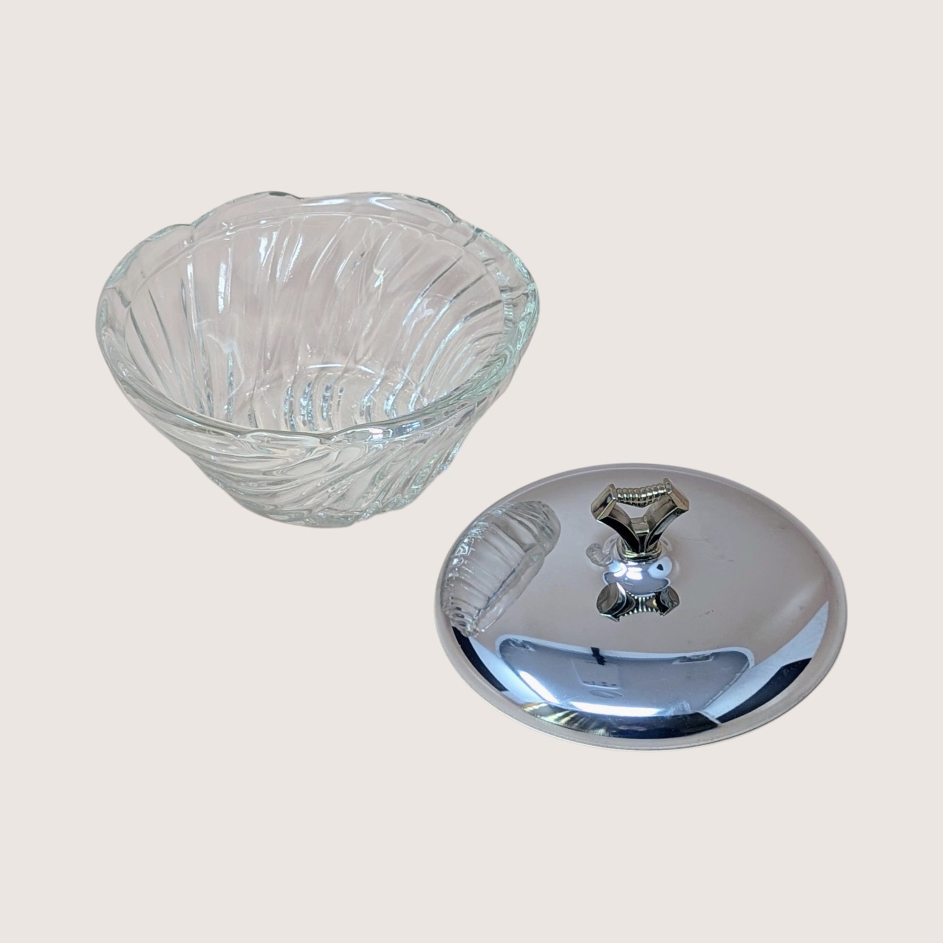 1940s Vintage Art Deco Clear Swirl Glass Vanity Dresser Jar with Chrome Lid
