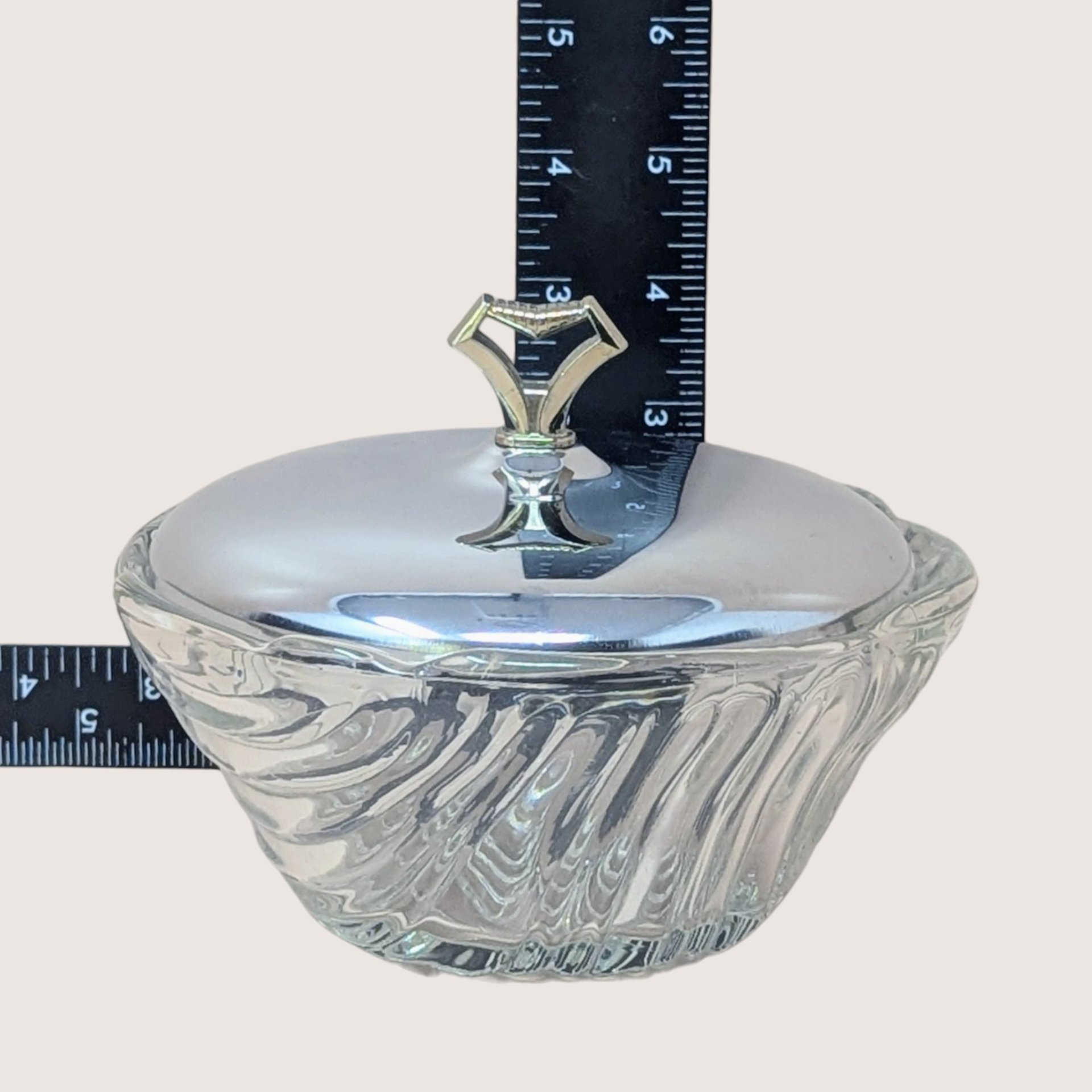 1940s Vintage Art Deco Clear Swirl Glass Vanity Dresser Jar with Chrome Lid