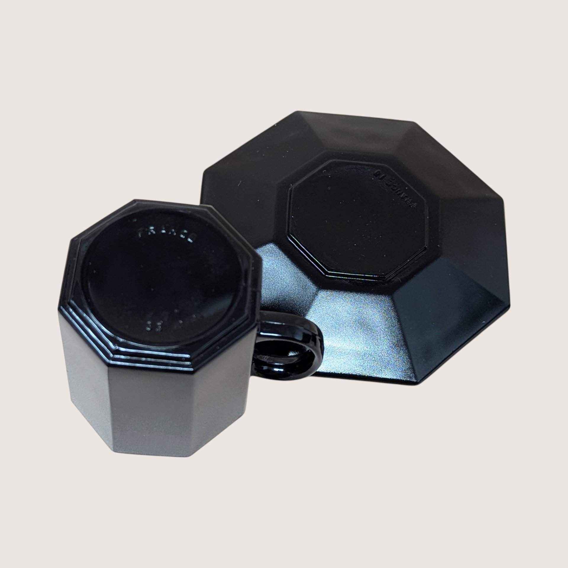 1980s Arcoroc France Octime Black Glass Demitasse Cup and Saucer Set of 4