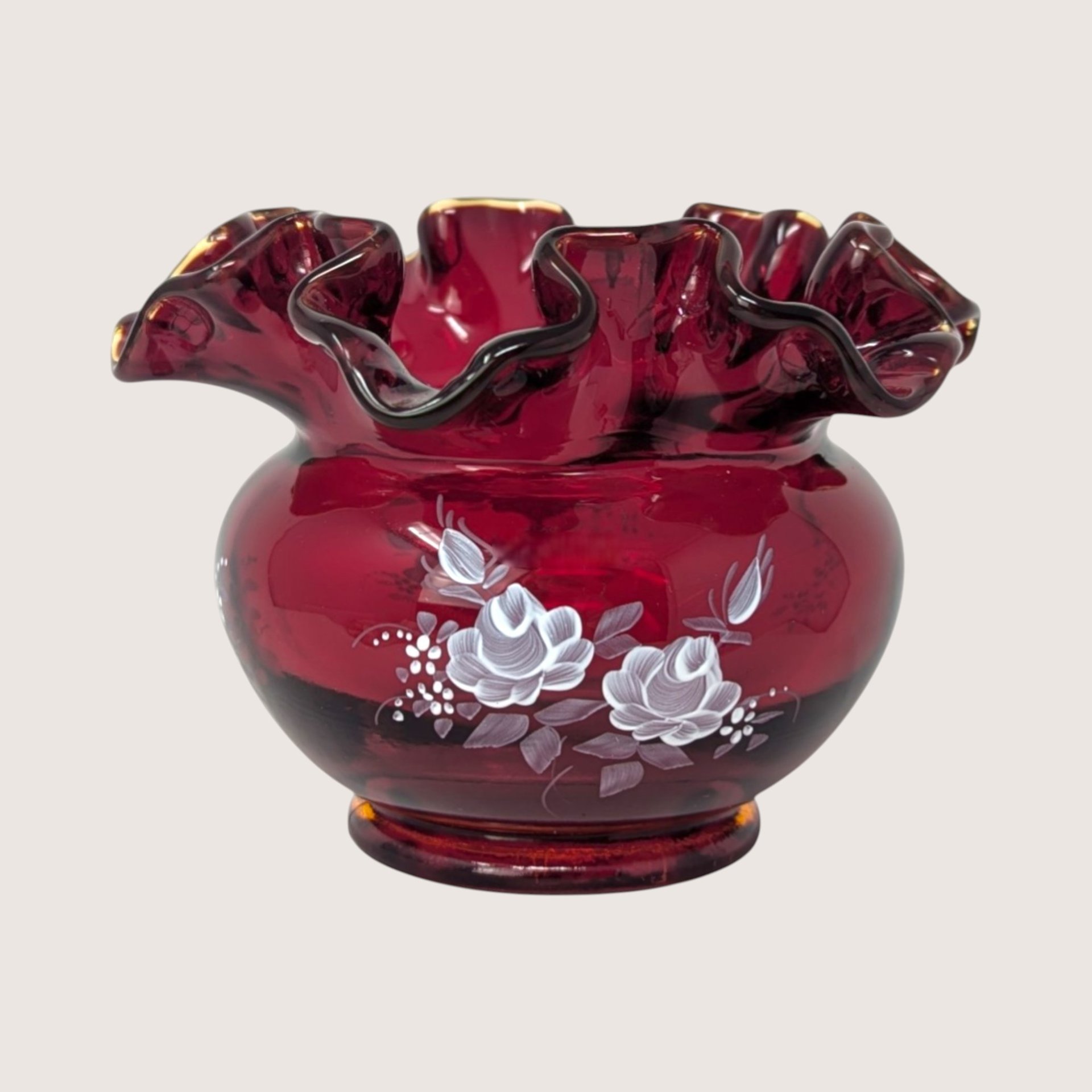 1970s Fenton Ruby Red Hand Painted Ruffled Rose Bowl Vase