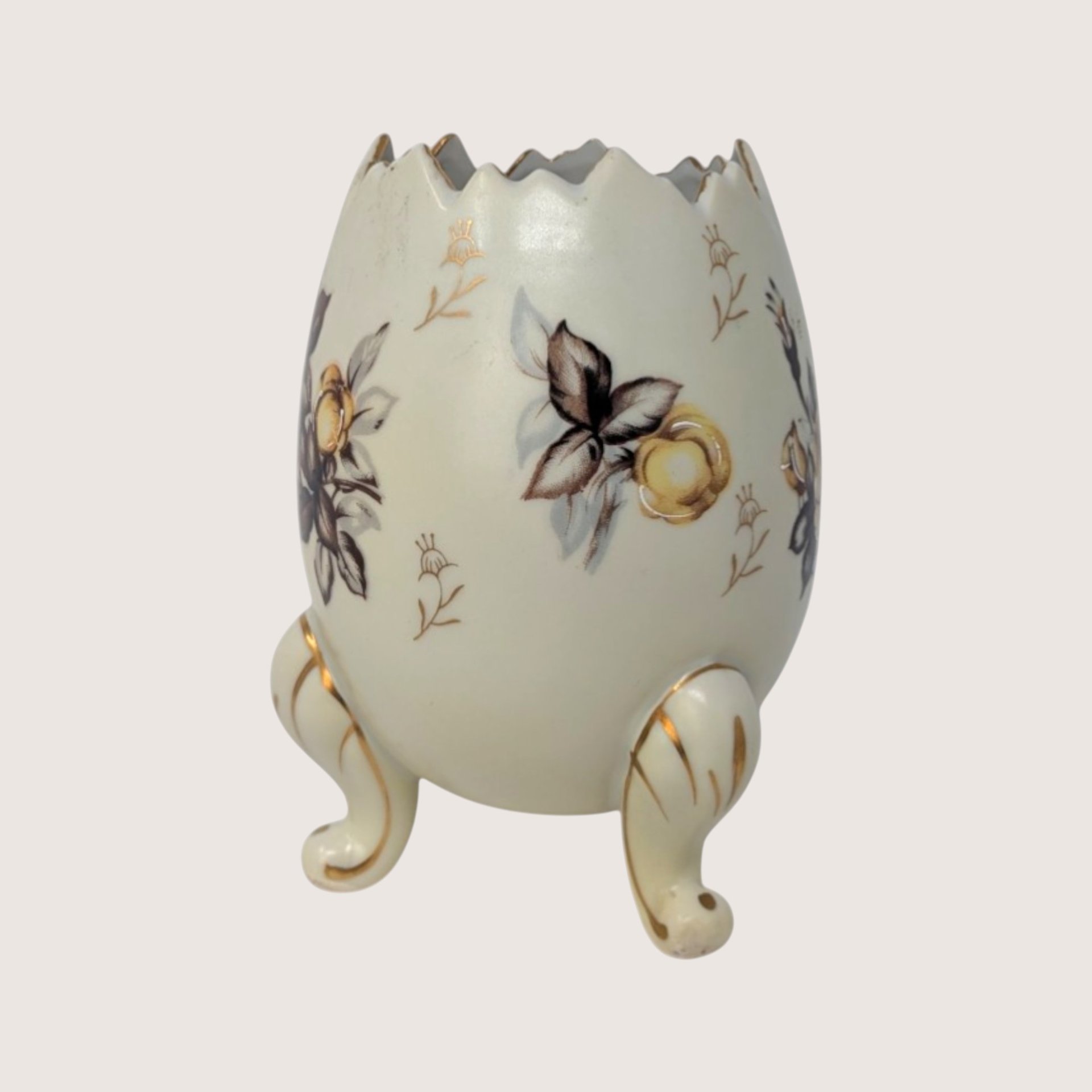 1960s Napcoware Ceramic Three Footed Egg Vase Yellow Rose