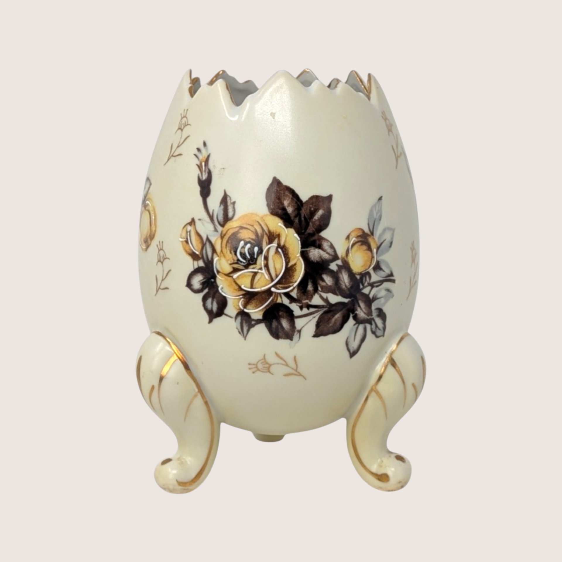 1960s Napcoware Ceramic Three Footed Egg Vase Yellow Rose