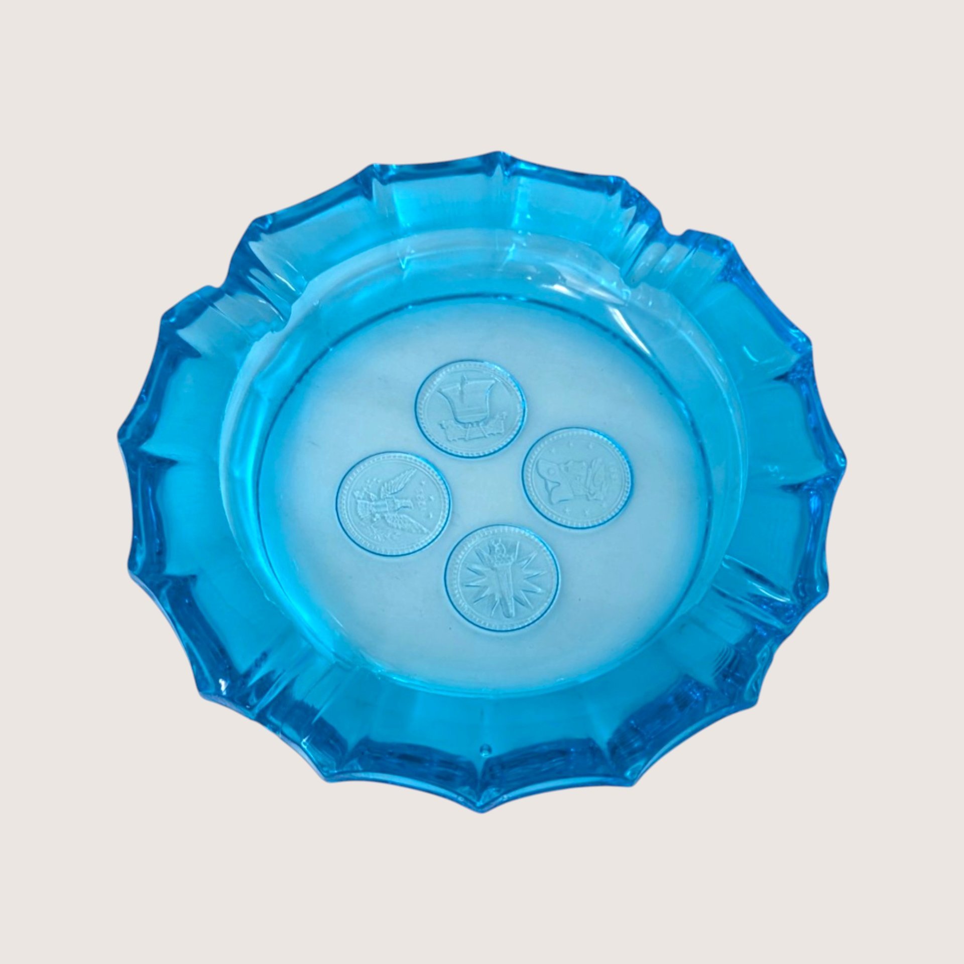 1960s Fostoria Blue Coin Glass Round Ashtray Round