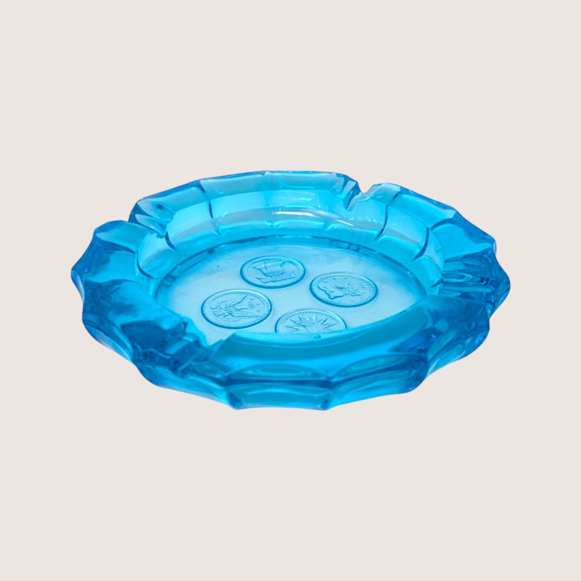 1960s Fostoria Blue Coin Glass Round Ashtray Round