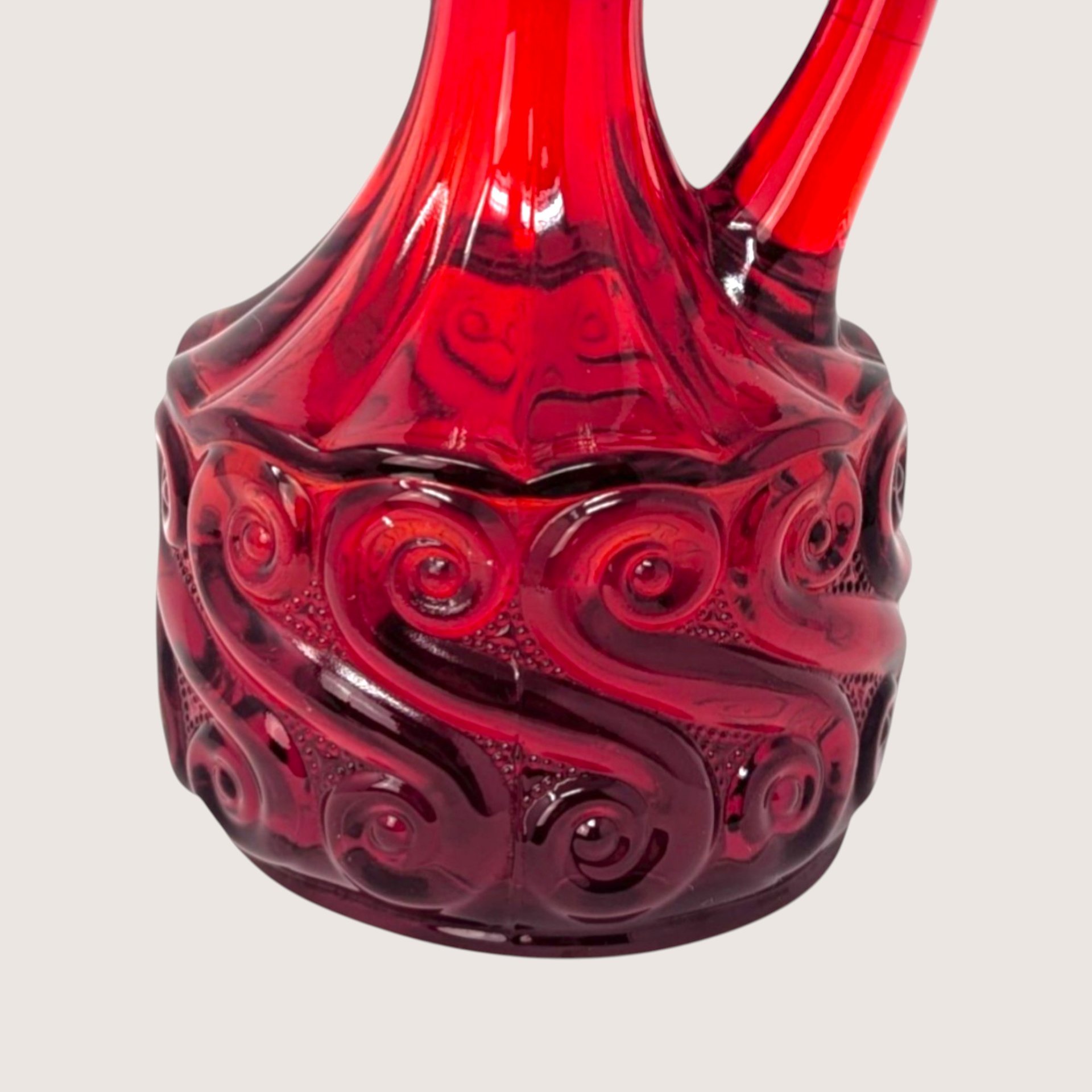1960s Fenton Ruby Red Glass Cruet Scroll Pattern with Crystal Stopper 