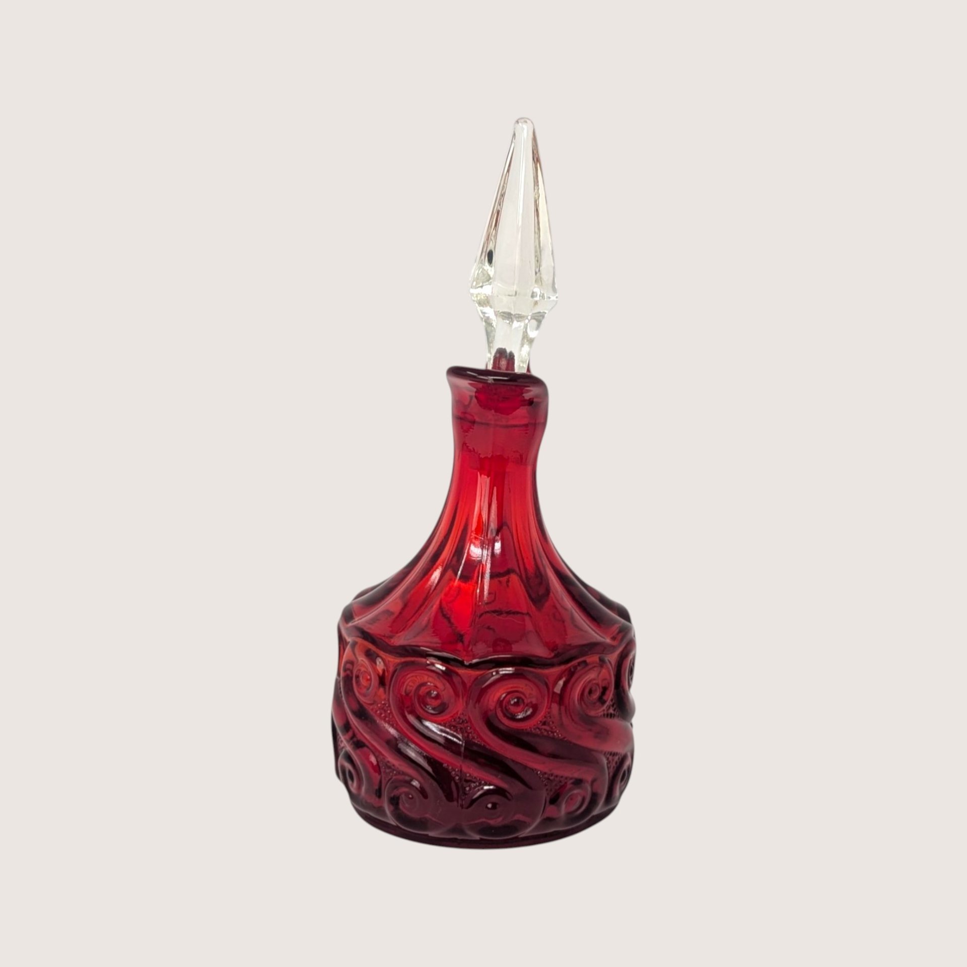 1960s Fenton Ruby Red Glass Cruet Scroll Pattern with Crystal Stopper 