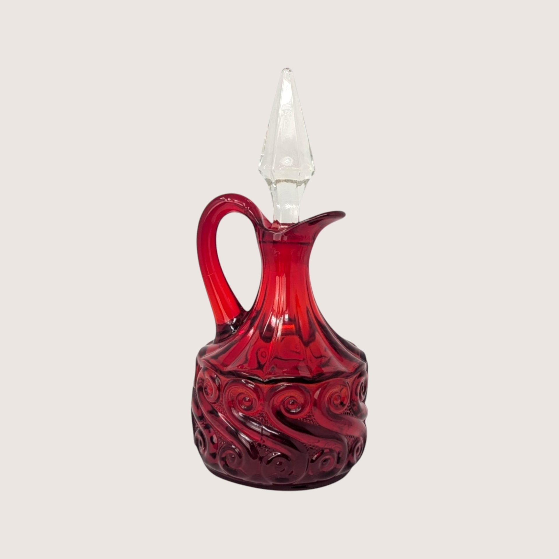 1960s Fenton Ruby Red Glass Cruet Scroll Pattern with Crystal Stopper 
