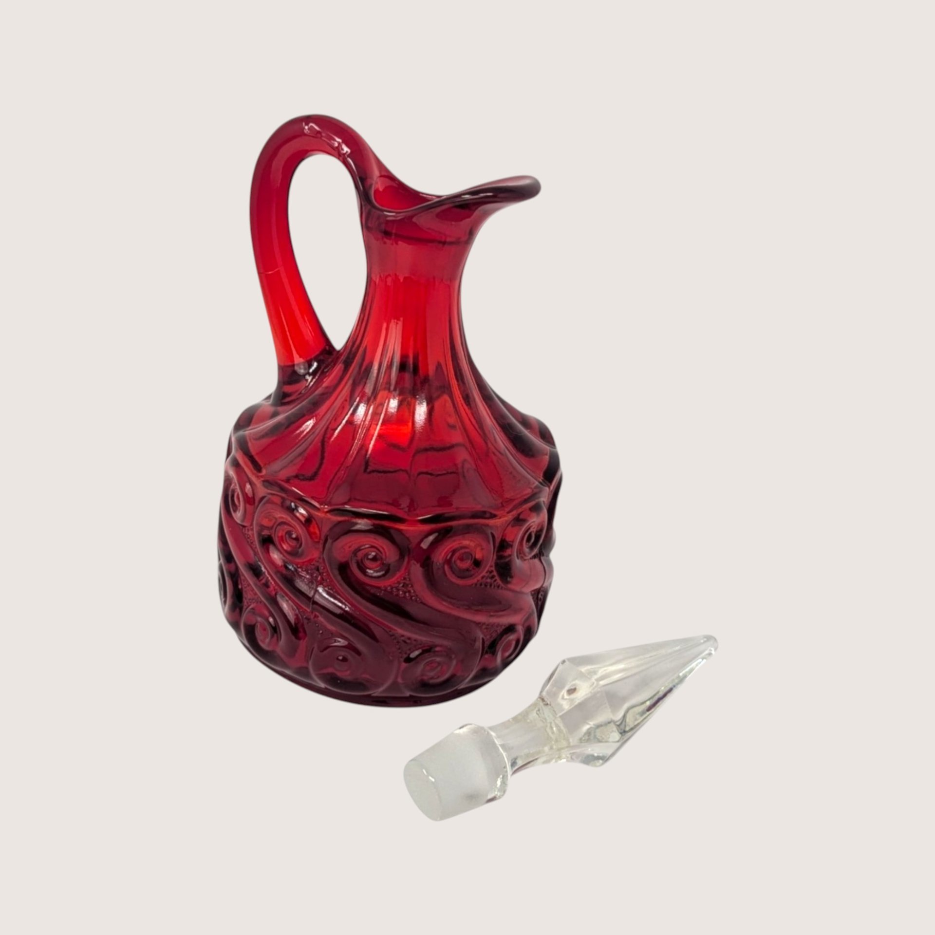1960s Fenton Ruby Red Glass Cruet Scroll Pattern with Crystal Stopper 