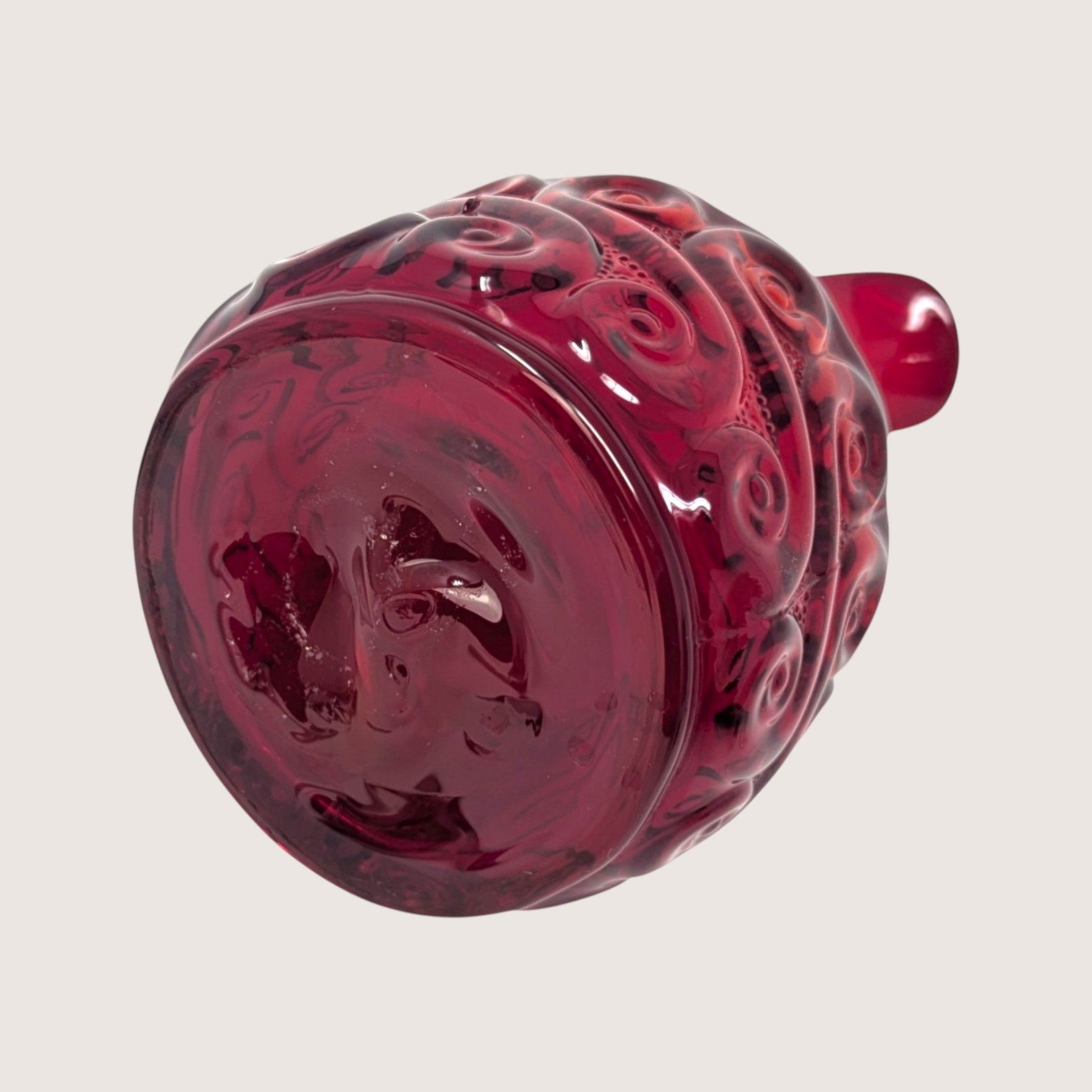 1960s Fenton Ruby Red Glass Cruet Scroll Pattern with Crystal Stopper 