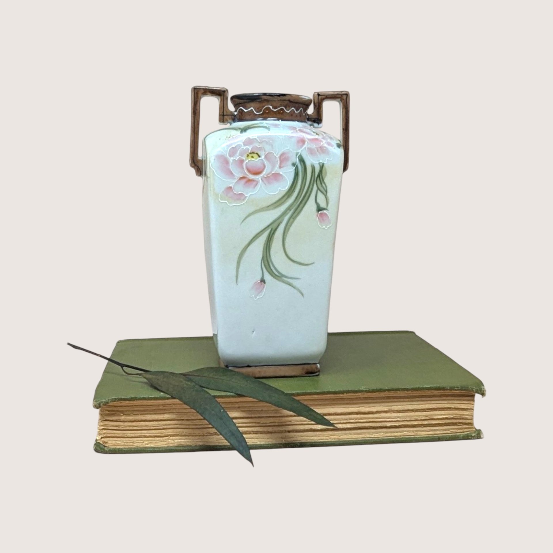 Antique Nippon Floral Porcelain Hand Painted Two Handle Urn Vase 