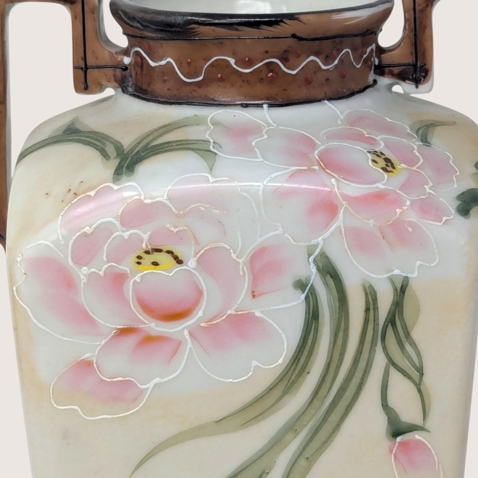 Antique Nippon Floral Porcelain Hand Painted Two Handle Urn Vase 