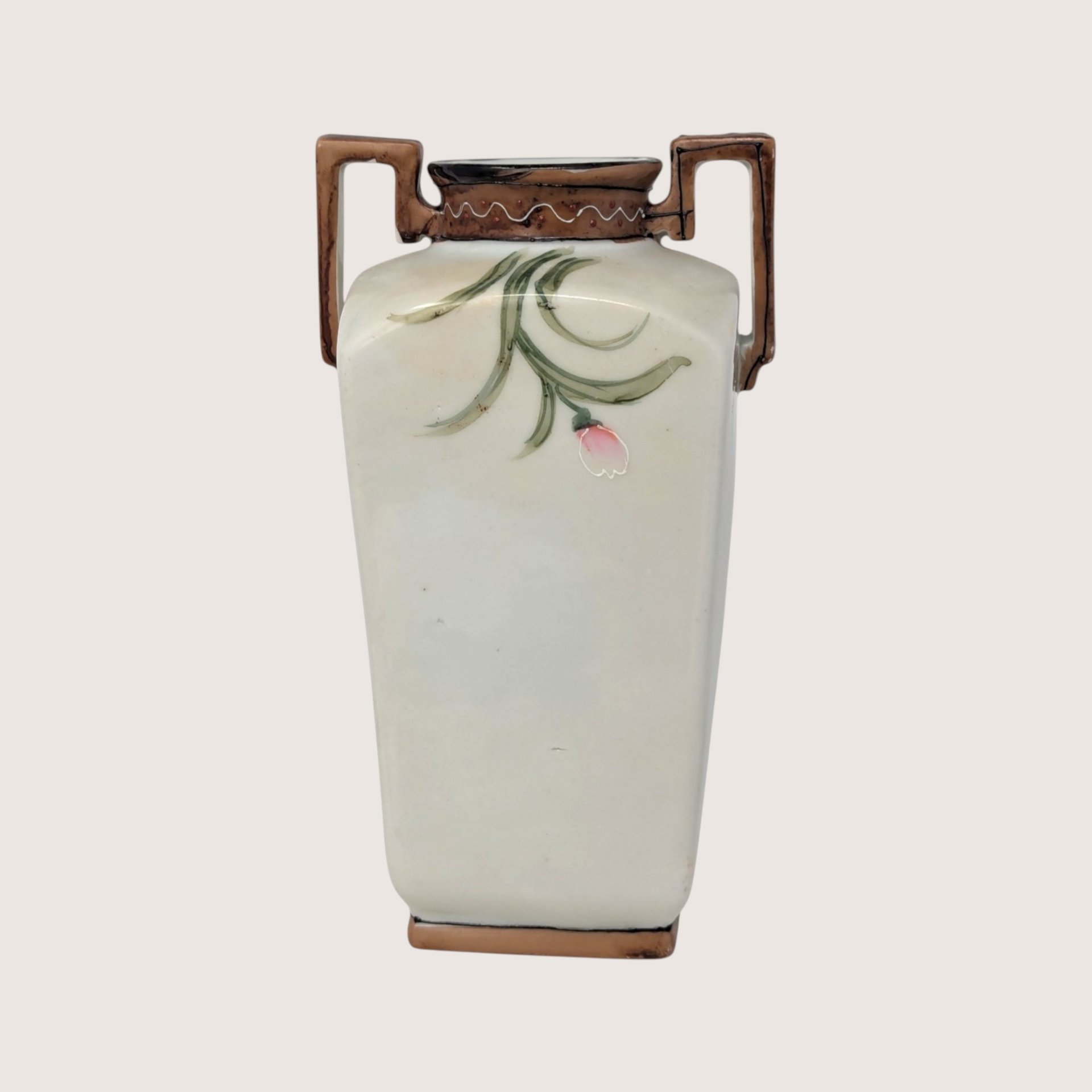 Antique Nippon Floral Porcelain Hand Painted Two Handle Urn Vase 