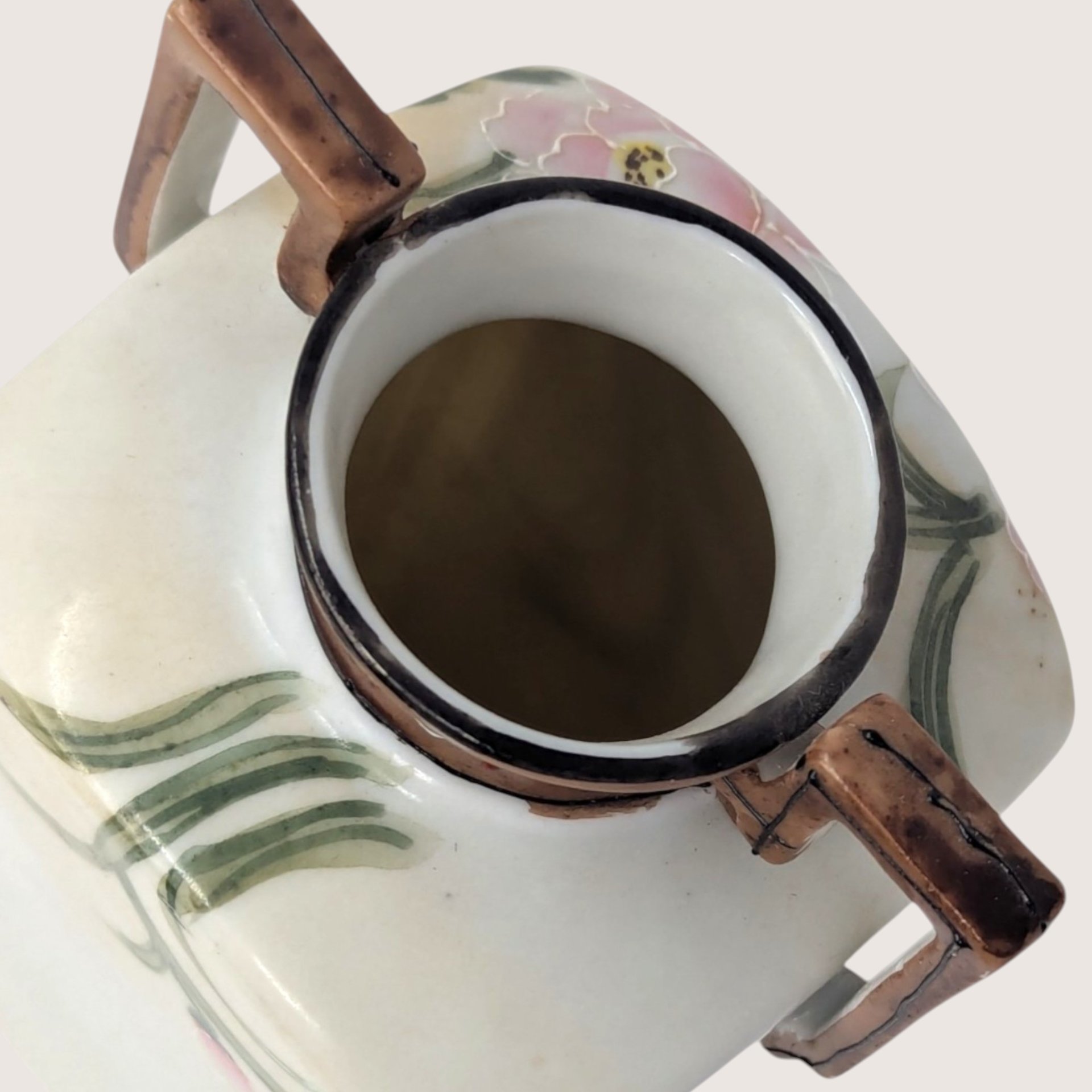 Antique Nippon Floral Porcelain Hand Painted Two Handle Urn Vase 