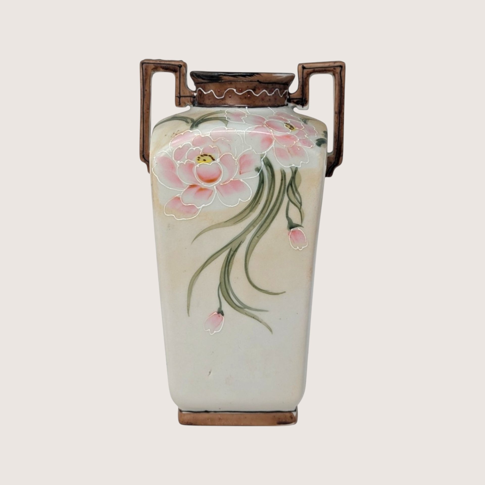 Antique Nippon Floral Porcelain Hand Painted Two Handle Urn Vase 