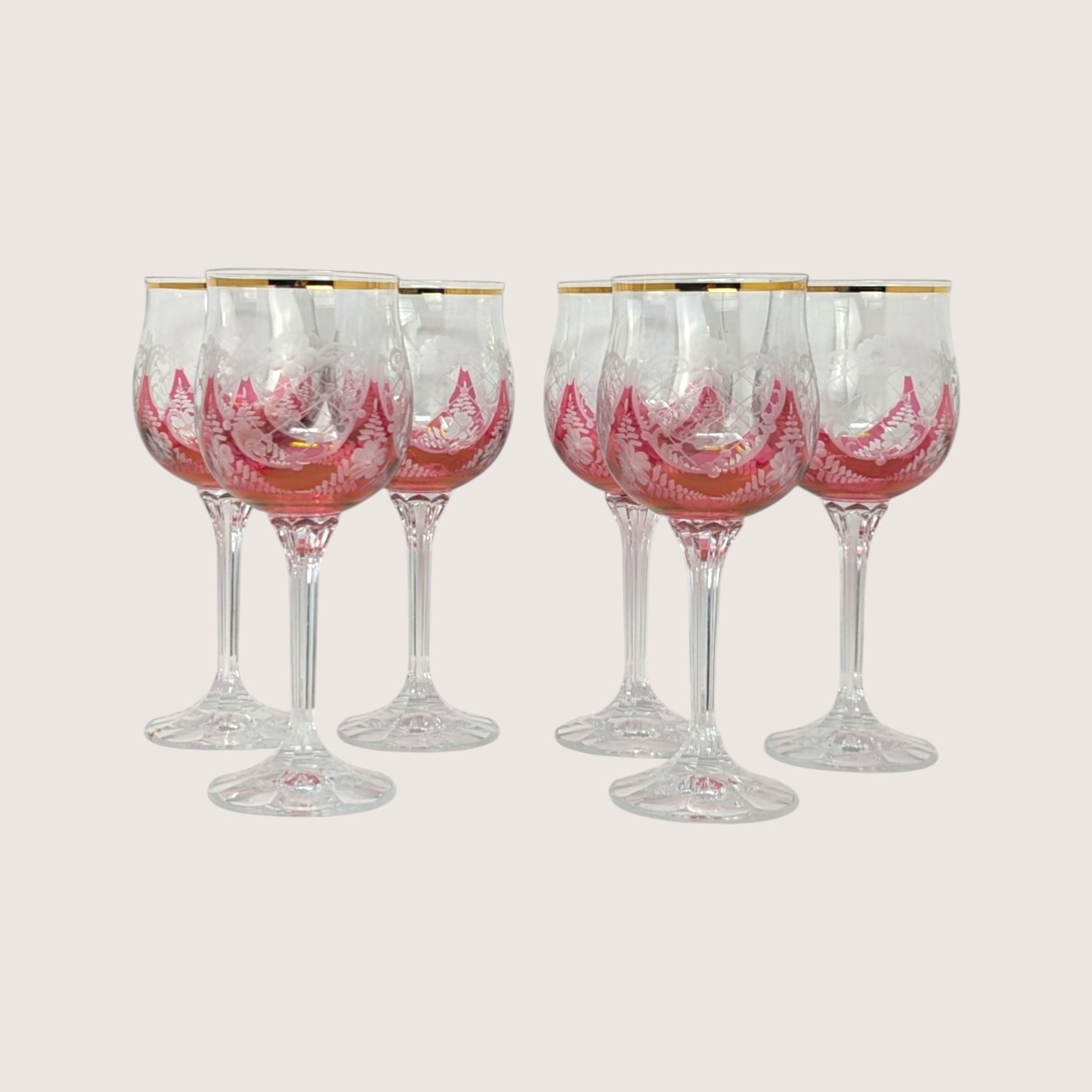 1960s Bohemian Cranberry Glass Wine Goblet Set with Gold Rim