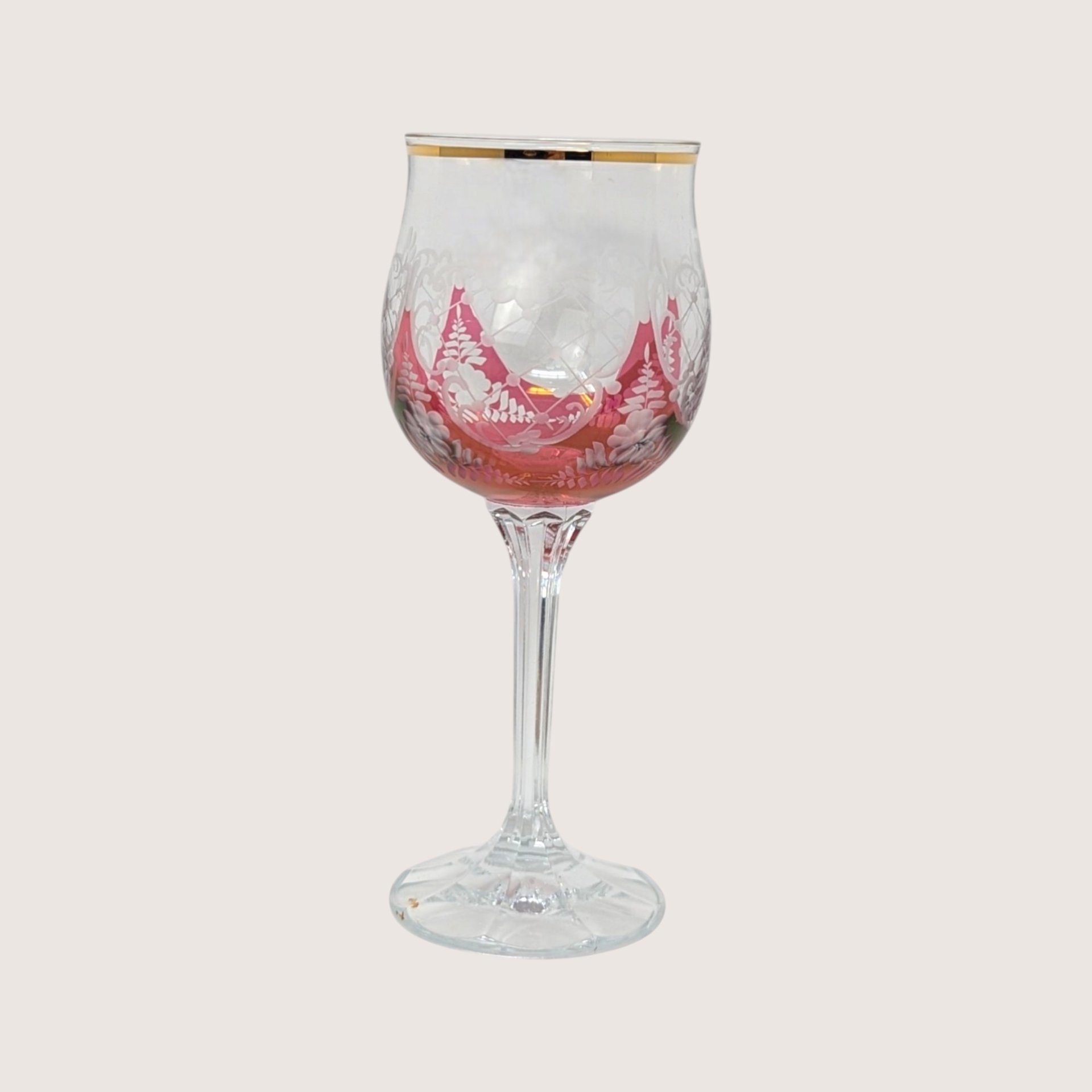 1960s Bohemian Cranberry Glass Wine Goblet Set with Gold Rim