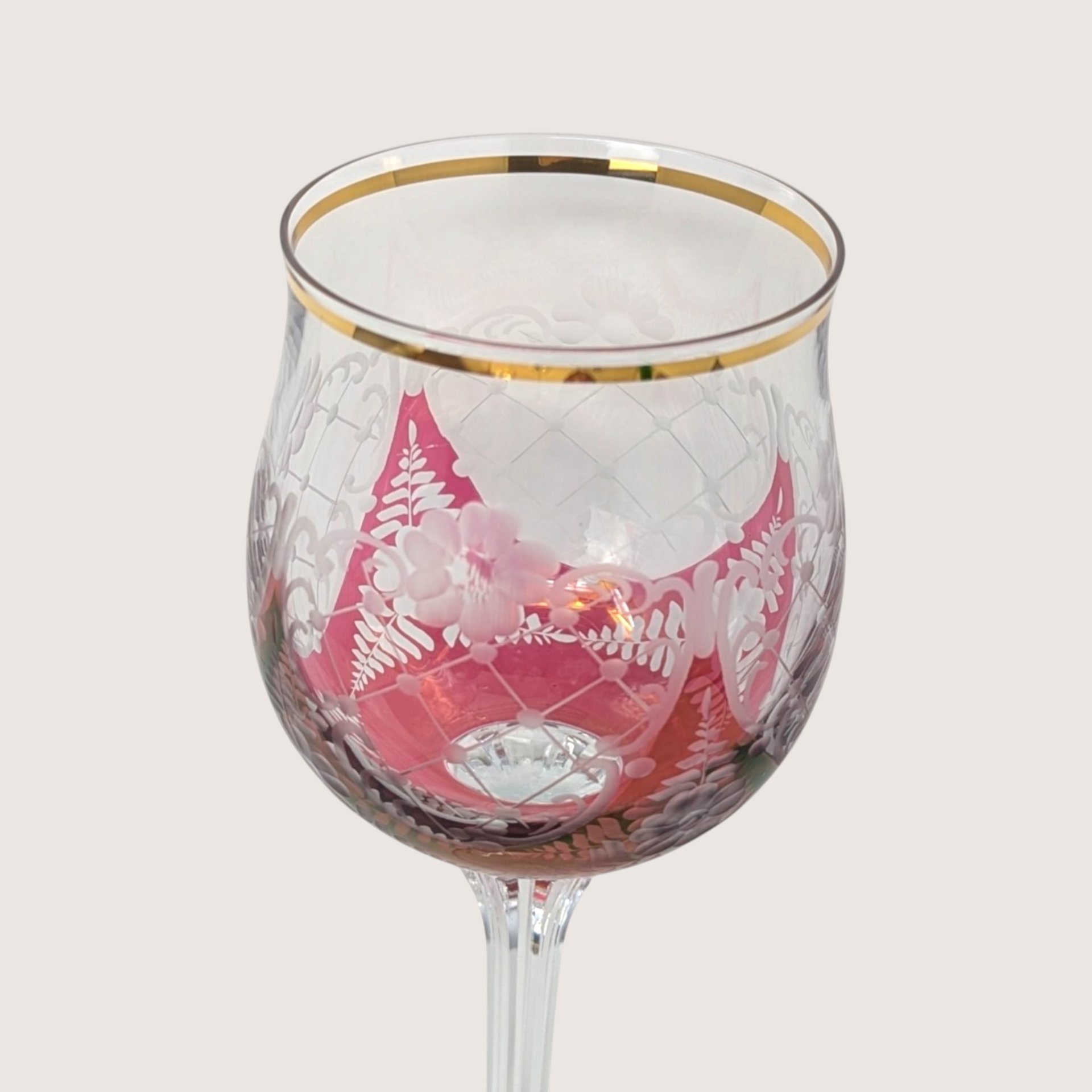 1960s Bohemian Cranberry Glass Wine Goblet Set with Gold Rim