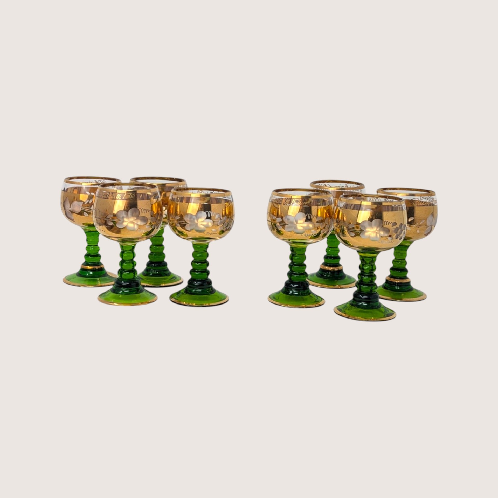 1960s Bohemian Green Glass High Enamel Gold Trim Bowl Cordial Set 