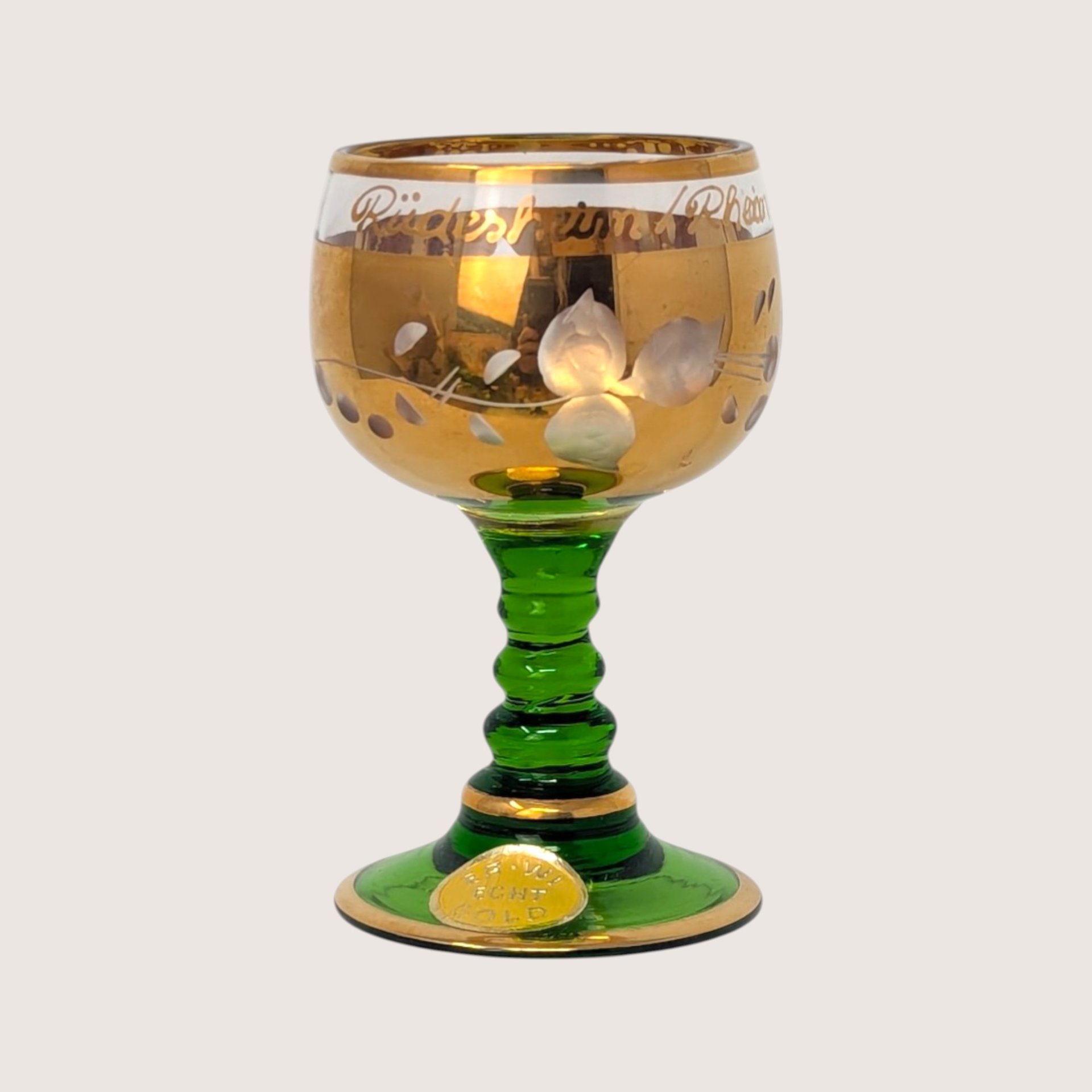 1960s Bohemian Green Glass High Enamel Gold Trim Bowl Cordial Set 