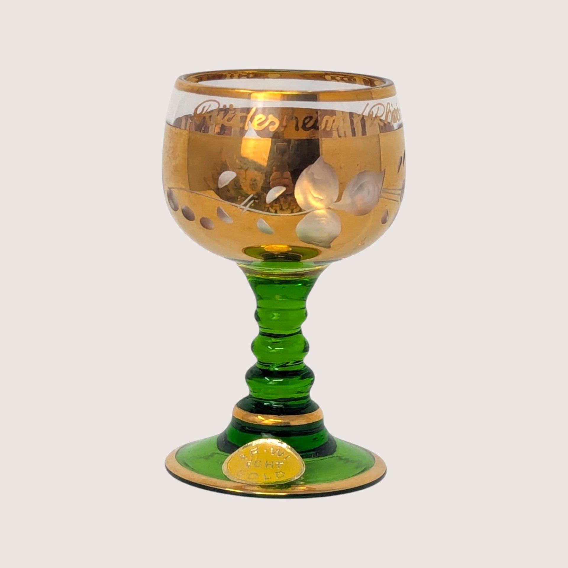 1960s Bohemian Green Glass High Enamel Gold Trim Bowl Cordial Set 