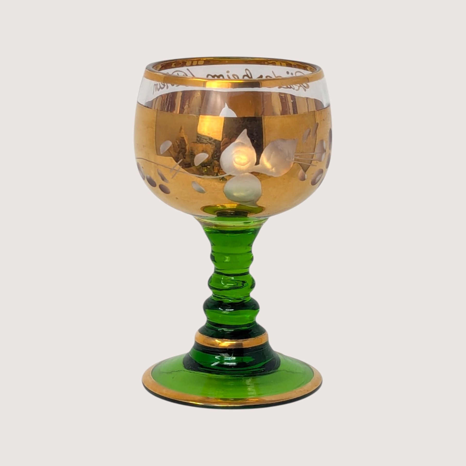 1960s Bohemian Green Glass High Enamel Gold Trim Bowl Cordial Set 