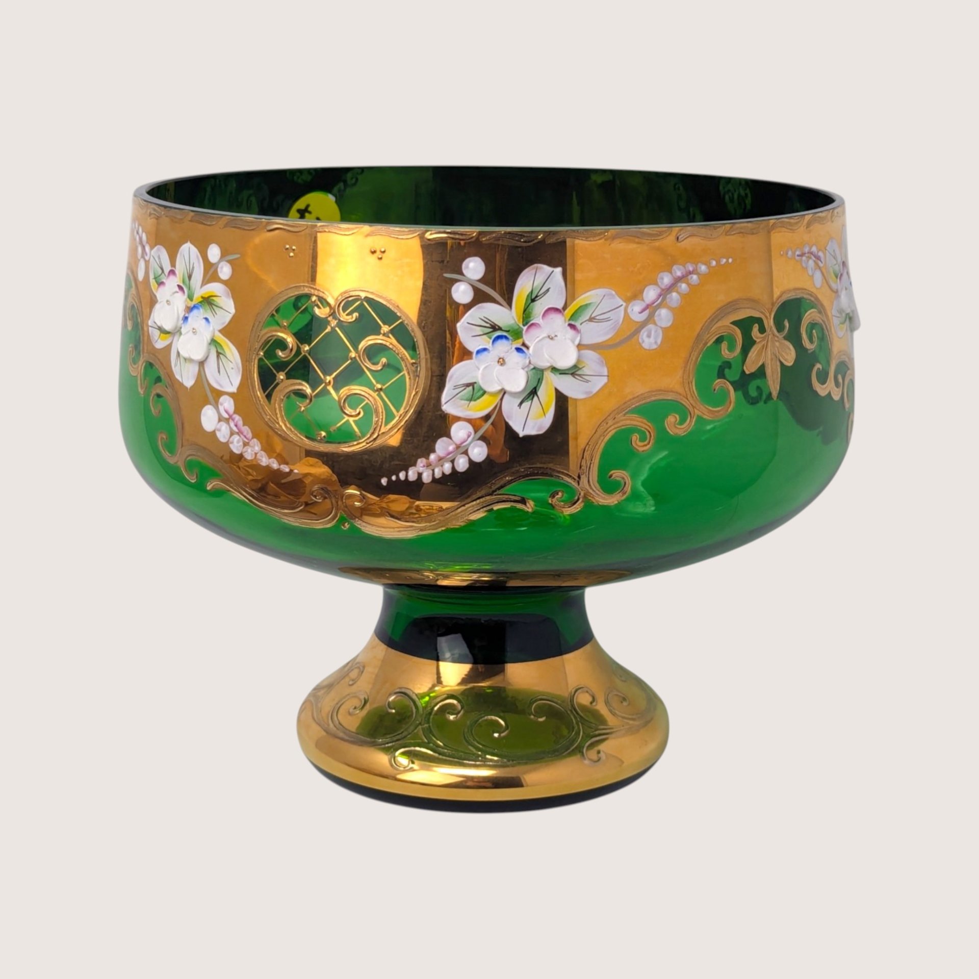 1960s Bohemian Green Glass High Enamel Gold Trim Bowl Cordial Set 