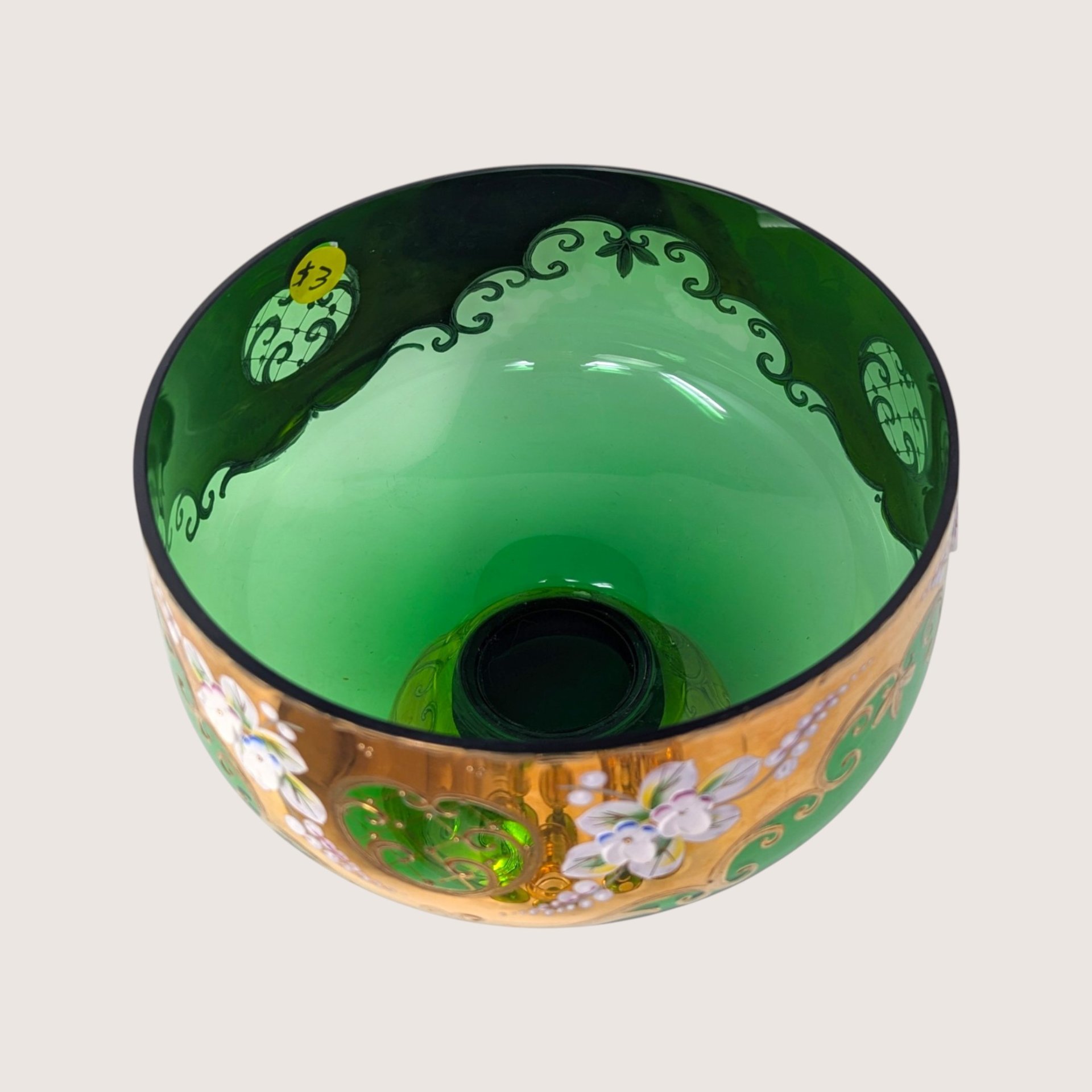 1960s Bohemian Green Glass High Enamel Gold Trim Bowl Cordial Set 