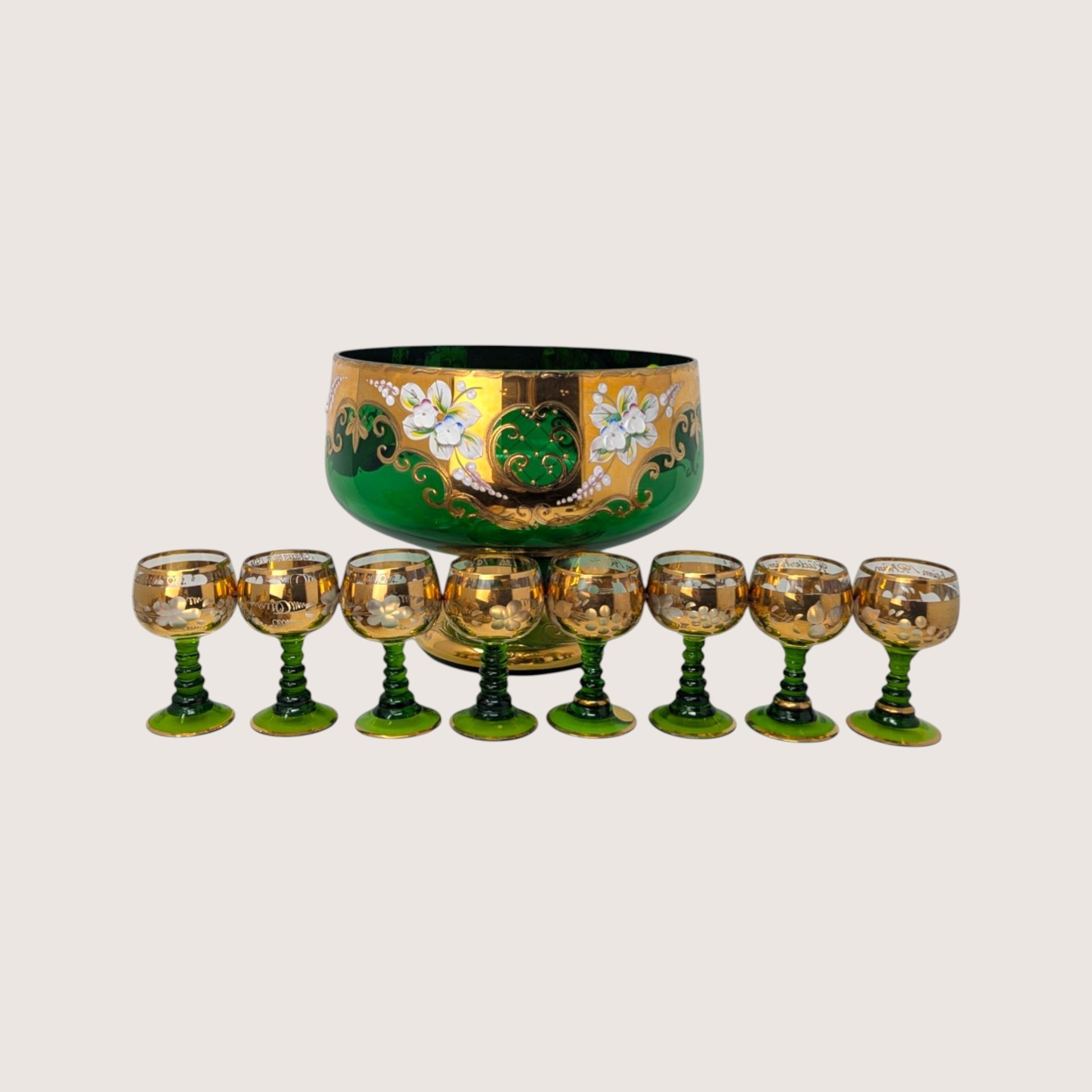 1960s Bohemian Green Glass High Enamel Gold Trim Bowl Cordial Set 