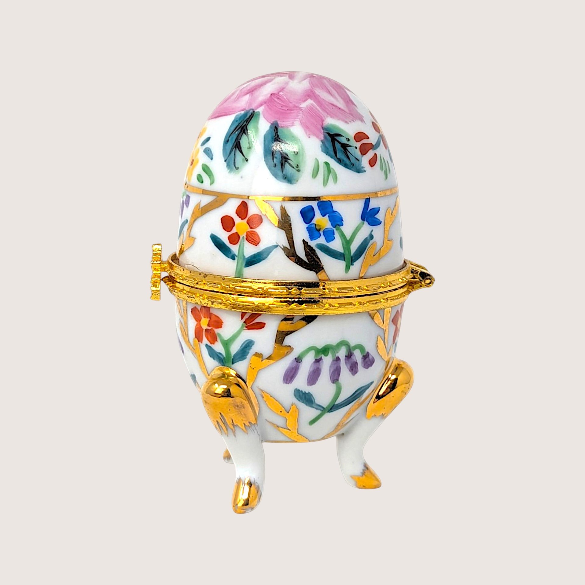 1980s Vintage Footed Porcelain Egg Floral Trinket Box