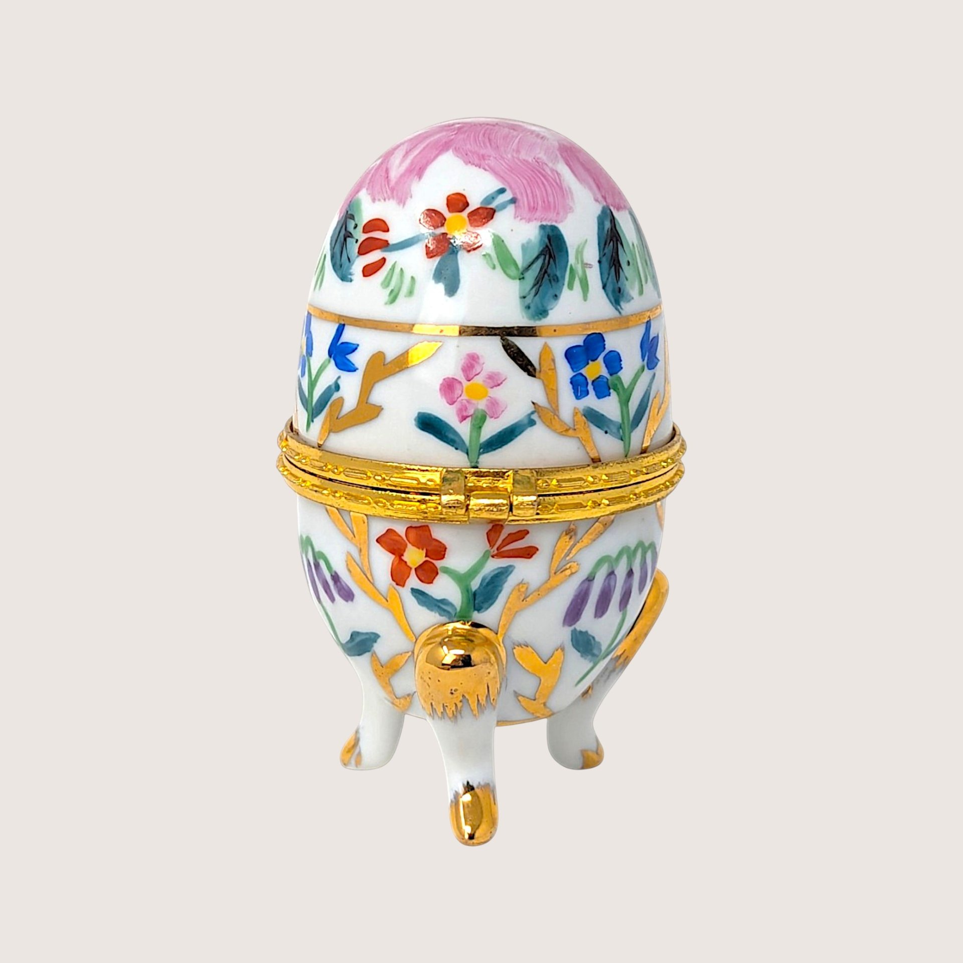 1980s Vintage Footed Porcelain Egg Floral Trinket Box