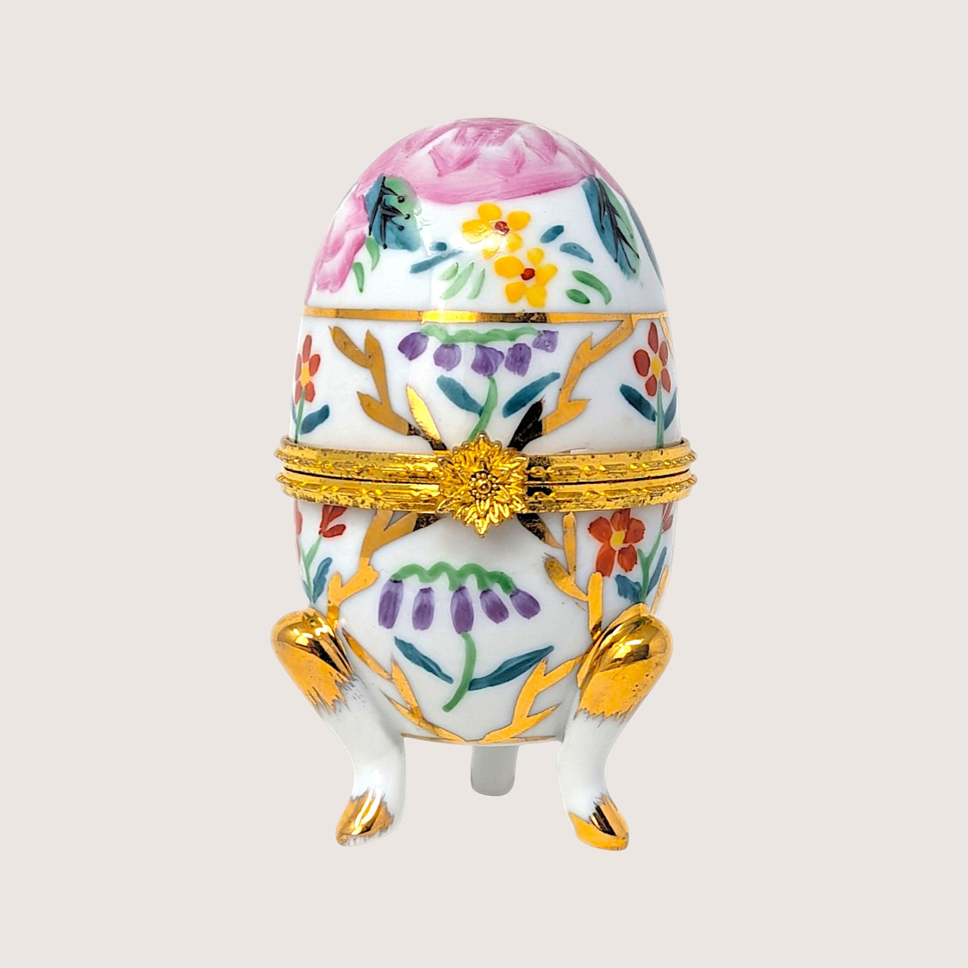 1980s Vintage Footed Porcelain Egg Floral Trinket Box