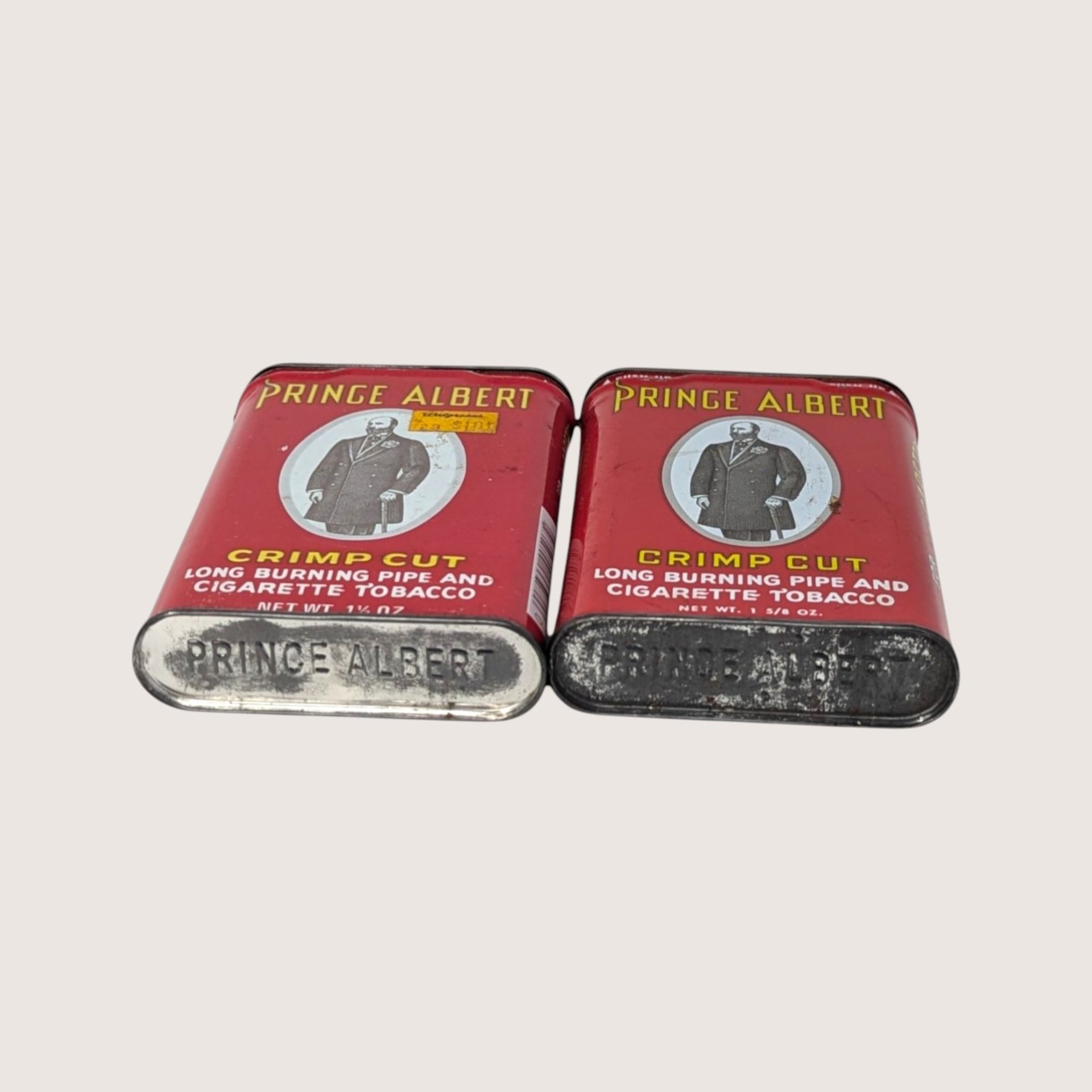 EMPTY 1950s Prince Albert Crimp Cut Tobacco Tins Advertisement Pair