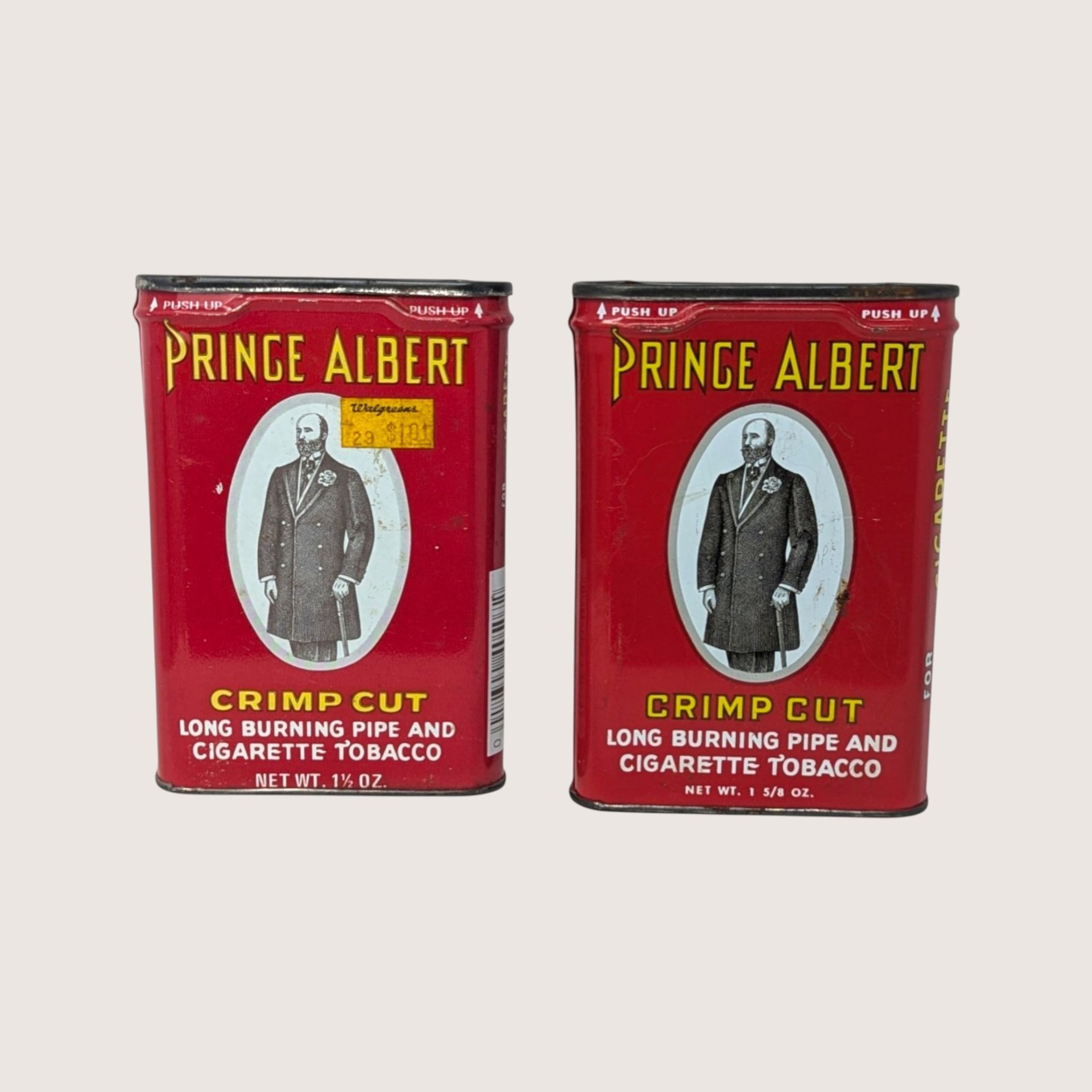 EMPTY 1950s Prince Albert Crimp Cut Tobacco Tins Advertisement Pair